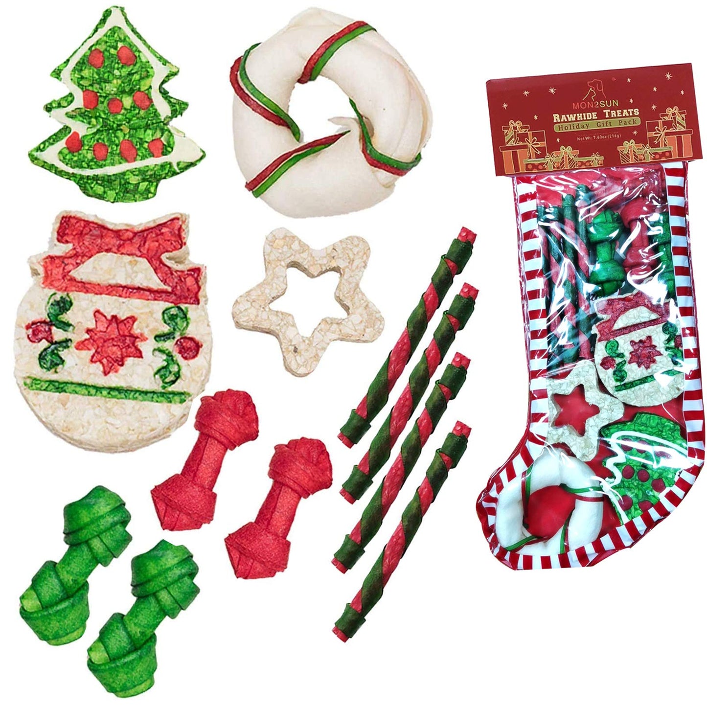 MON2SUN Christmas Dog Rawhide Holiday Stocking for Small Dogs Treats for Dogs (12 Counts) - MON2SUN
