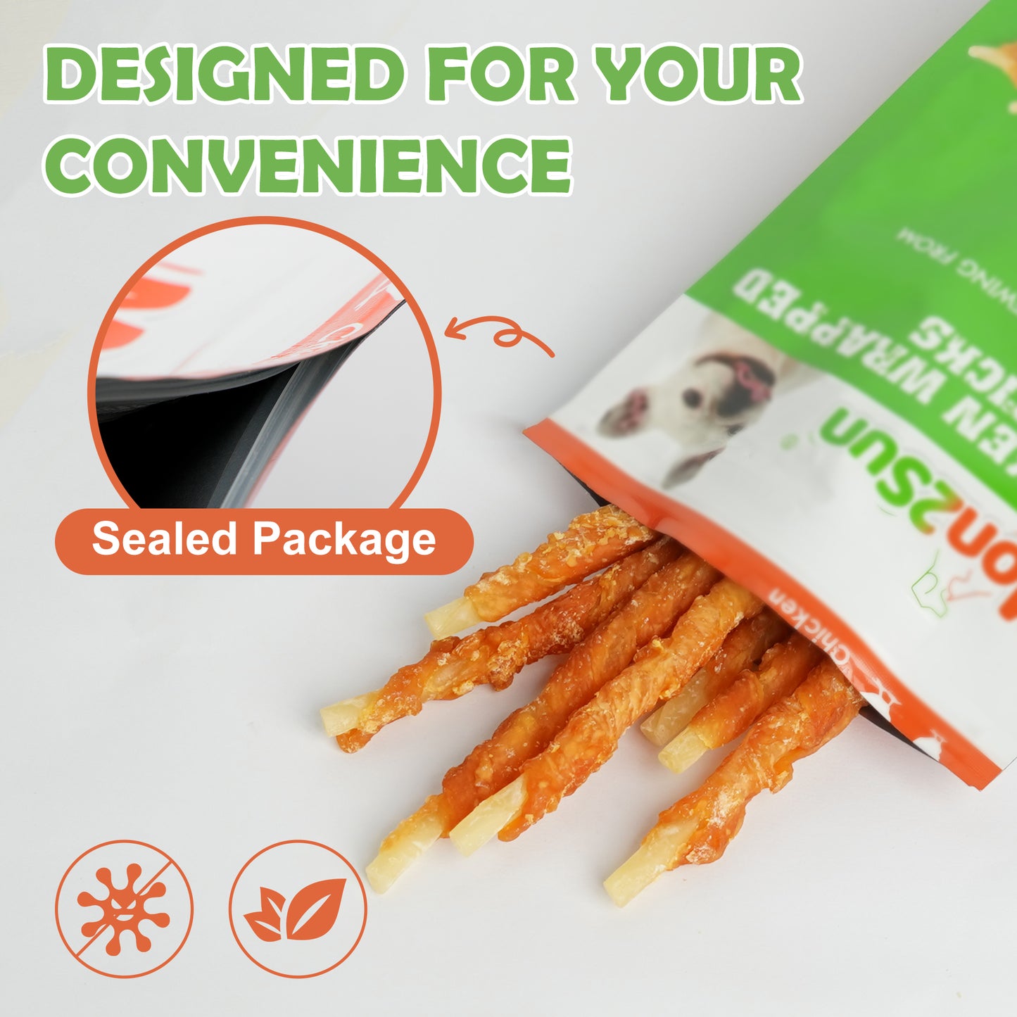 MON2SUN Chicken Wrapped Cod Sticks Rawhide Free Small Dog Treats, 13 oz (36 Count) - MON2SUN