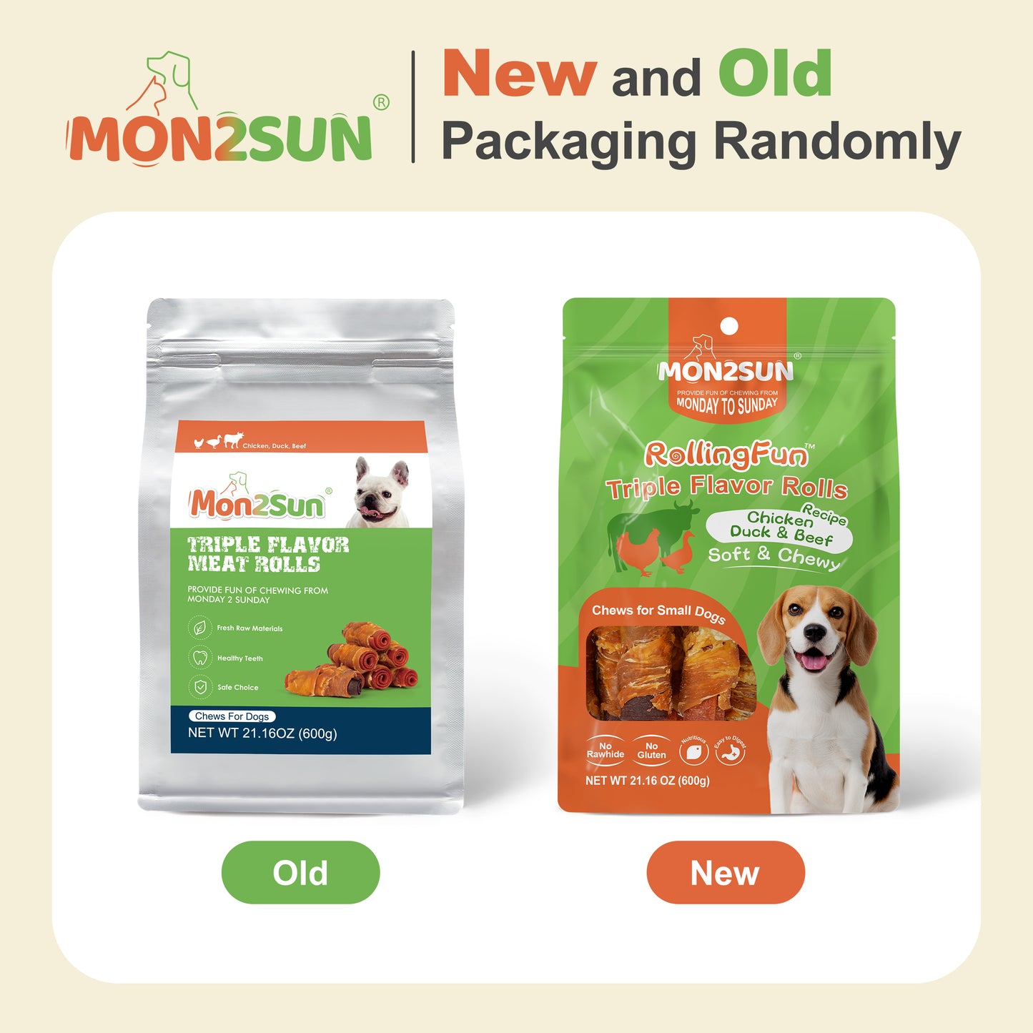 Rawhide Free Dog Treats, 3 Inch Triple Flavor Chicken Wrapped Duck and Beef Rolls for Small Dogs - MON2SUN