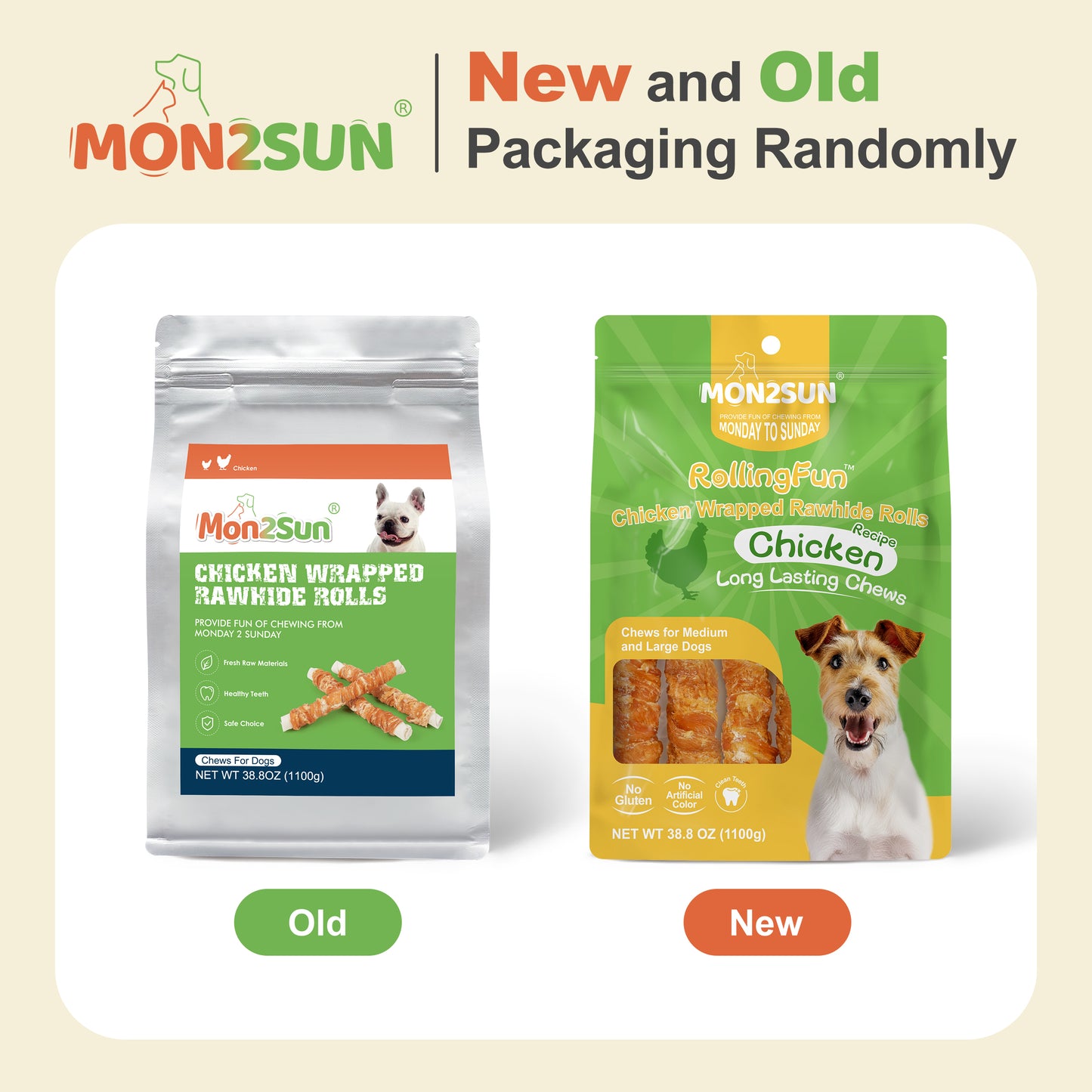 Dog Treats, 9 Inch Chicken Wrapped Rawhide Rolls Snacks, Teeth Cleaning and Long Lasting Chews for Medium and Large Dogs - MON2SUN