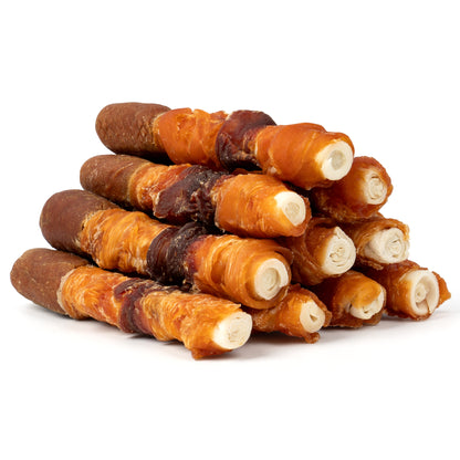 MON2SUN Dog Treats, Triple Flavor Chicken Liver Chicken Duck and Chicken Wrapped Rawhide Sticks, Teeth Cleaning Dog Snacks for Small and Medium Dogs (Length: 6'')