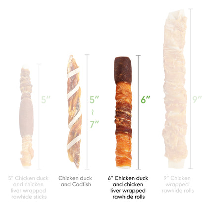 MON2SUN Dog Treats, Triple Flavor Chicken Liver Chicken Duck and Chicken Wrapped Rawhide Sticks, Teeth Cleaning Dog Snacks for Small and Medium Dogs (Length: 6'')