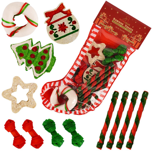 MON2SUN Christmas Dog Rawhide Holiday Stocking for Small Dogs Treats for Dogs (12 Counts) - MON2SUN