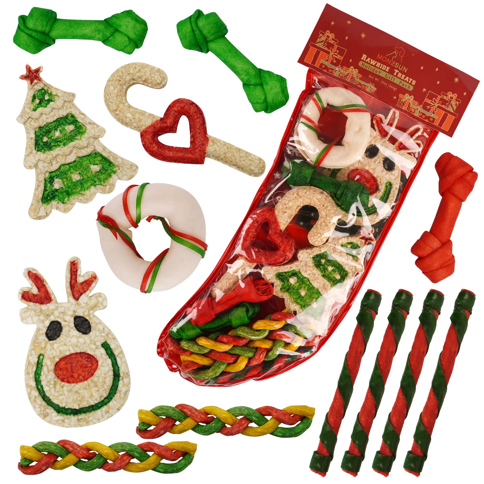 MON2SUN Holiday Christmas Dog Rawhide Treats Stocking for Small to Medium Dogs (13Count) - MON2SUN