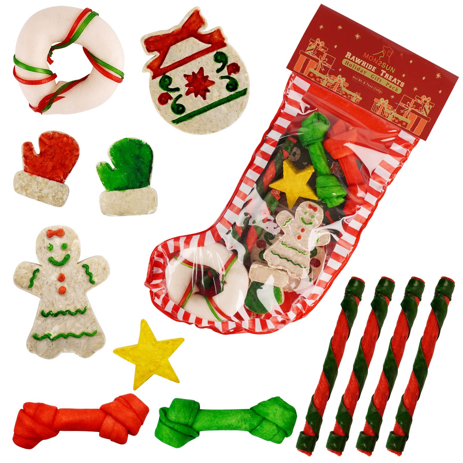 MON2SUN 12Count Christmas Dog Rawhide Treats Holiday Stocking for Small Dogs - MON2SUN