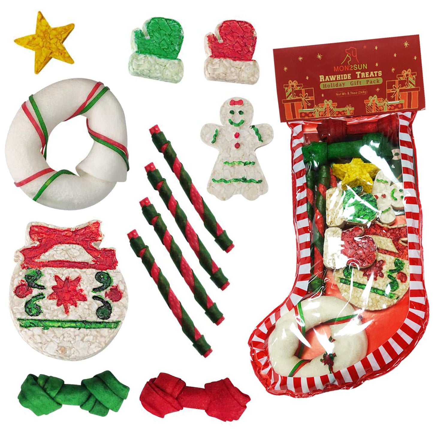 MON2SUN 12Count Christmas Dog Rawhide Treats Holiday Stocking for Small Dogs - MON2SUN
