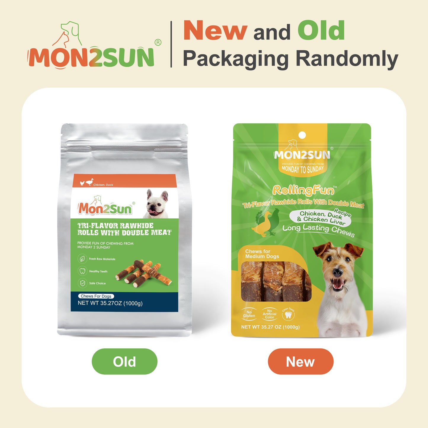 Dog Treats, Triple Flavor 6 Inch Chicken Liver Duck and Chicken Wrapped Rawhide Sticks, Teeth Cleaning Snacks for Medium Dogs - MON2SUN