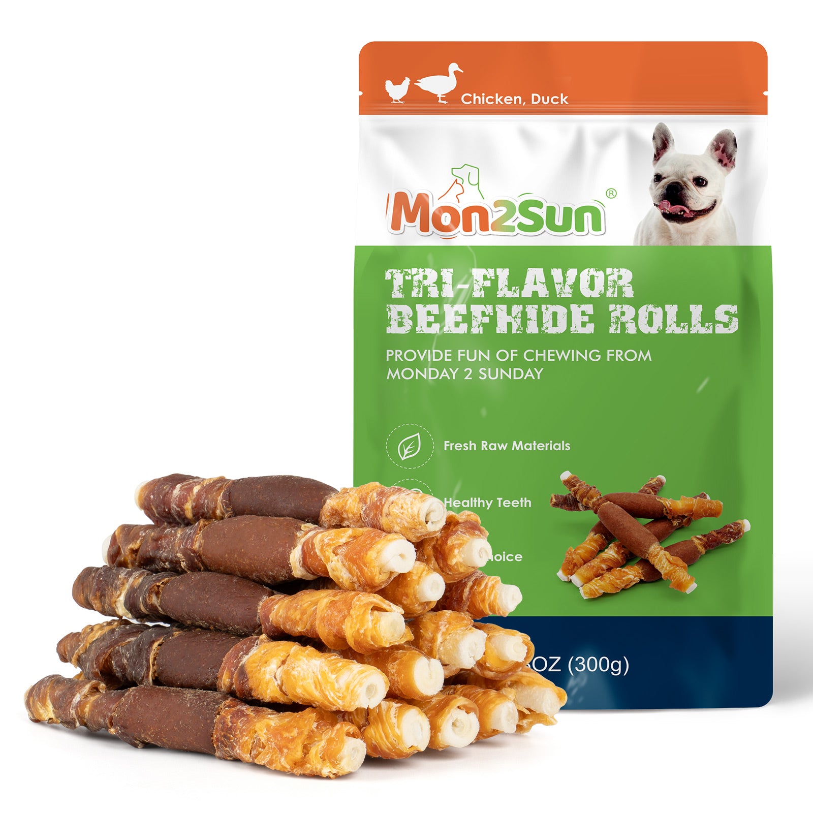 MON2SUN Dog Treats, Triple Flavor 5 Inch Chicken Liver Duck and Chicken Wrapped Rawhide Snacks for Small and Medium Dogs - MON2SUN