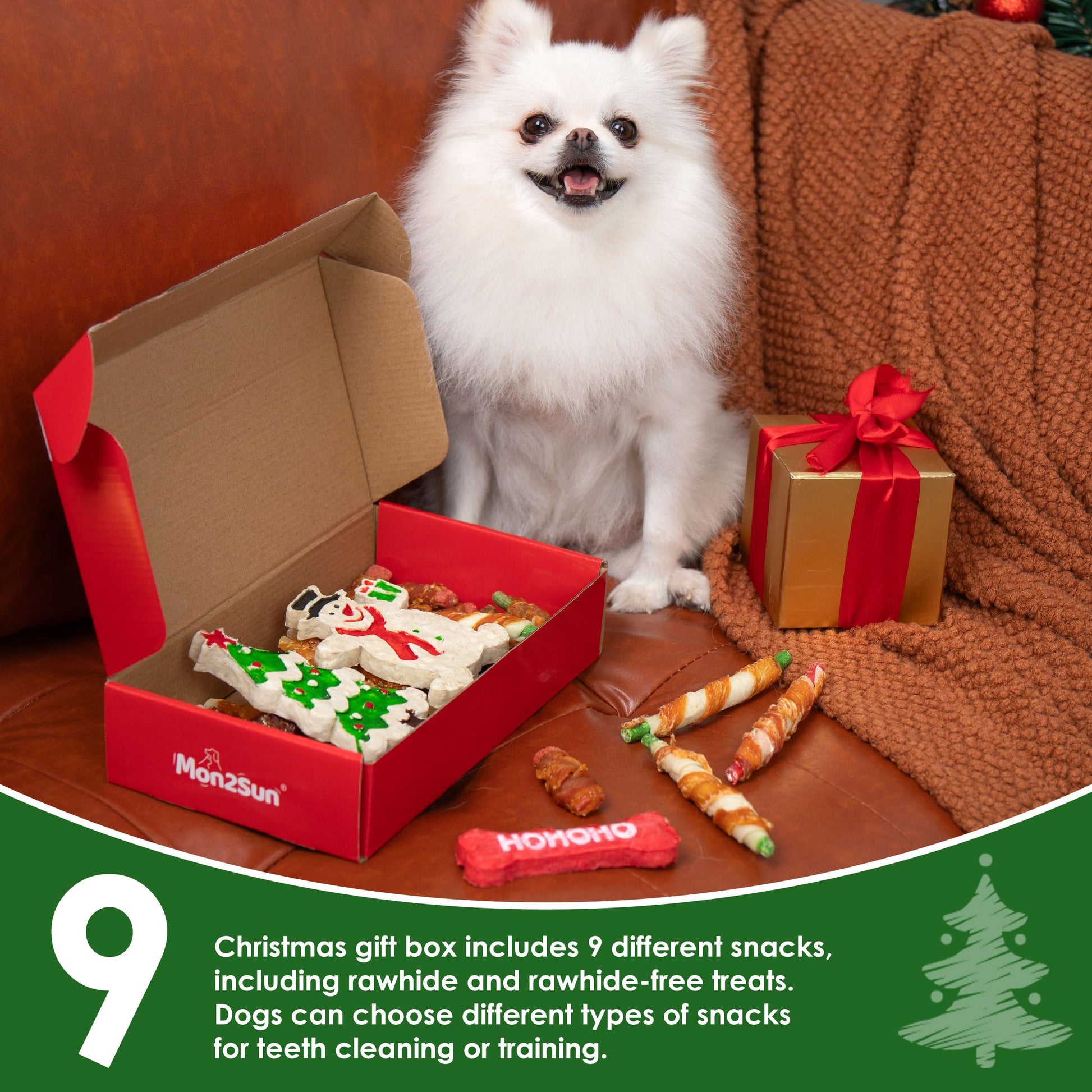MON2SUN Christmas Dog Treats, Christmas Box Treats, Rawhide and Rawhide Free Chews for Small and Medium Dogs, 34 Count (Pack of 1) - MON2SUN