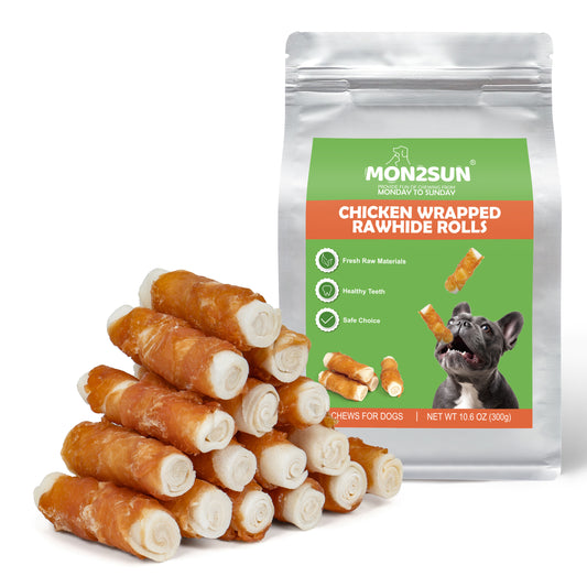 Dog Treats, 2.5 Inch Chicken Wrapped Rawhide Rolls, Teeth Cleaning Chews with High Protein for Small Dogs - MON2SUN