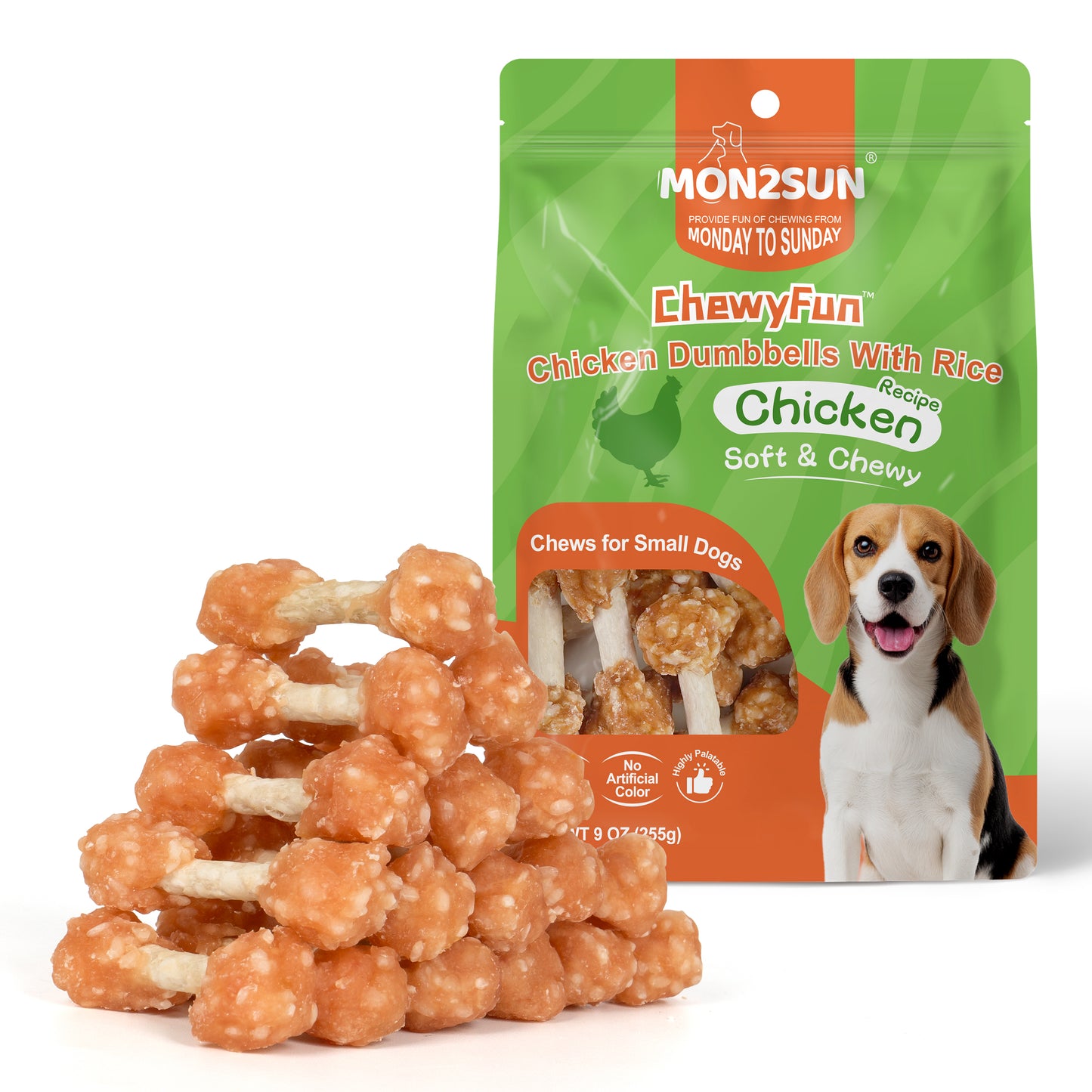 Dog Treats, 16oz Mini Rawhide Chews, Chicken Dumbbells with Rice for Small Dogs & Toy Breed, Crunchy and Healthy - MON2SUN