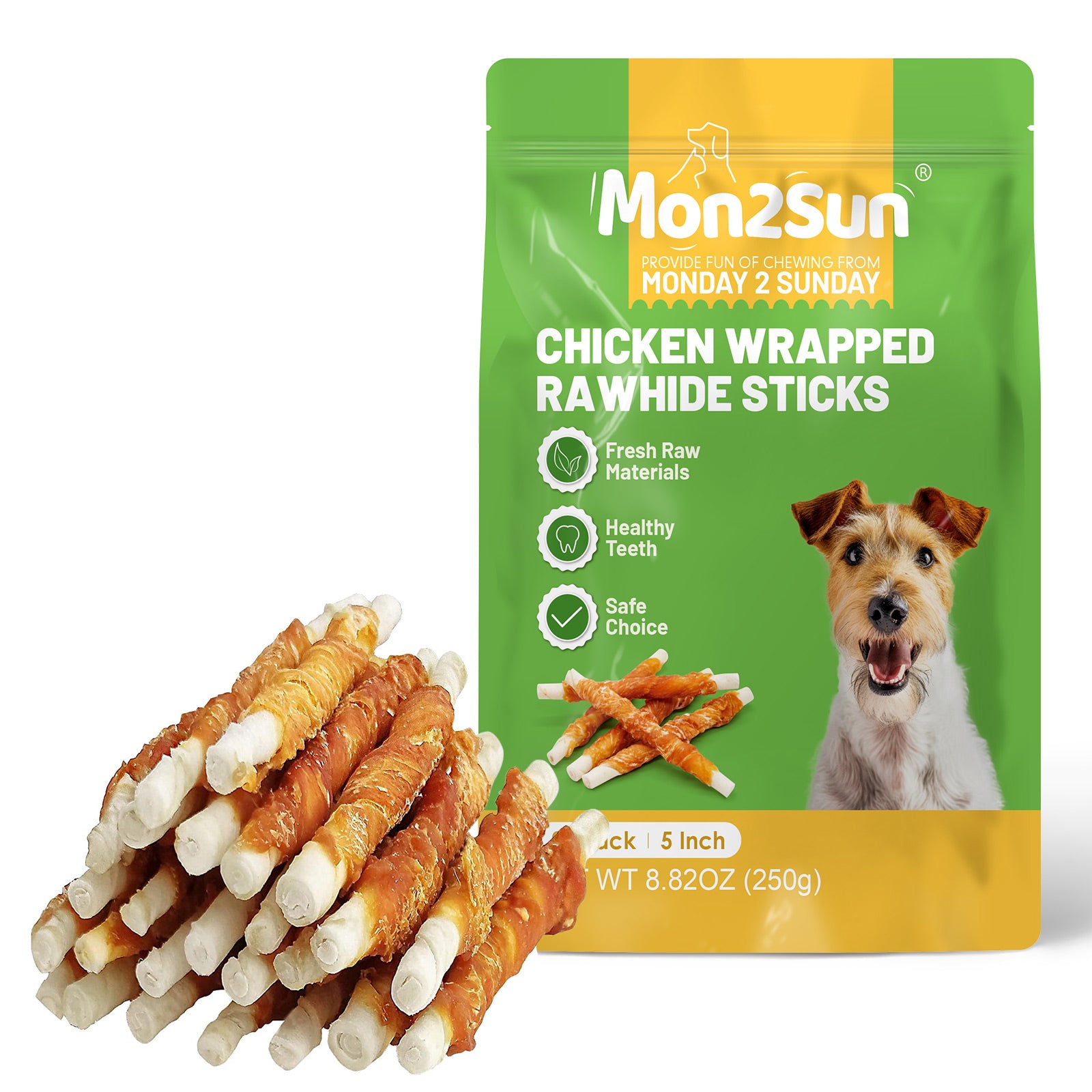 MON2SUN Dog Treats, 5 Inch Rawhide Twist Chicken Hide Sticks, Suitable for Puppy and Small Dogs, 5 Inch - MON2SUN