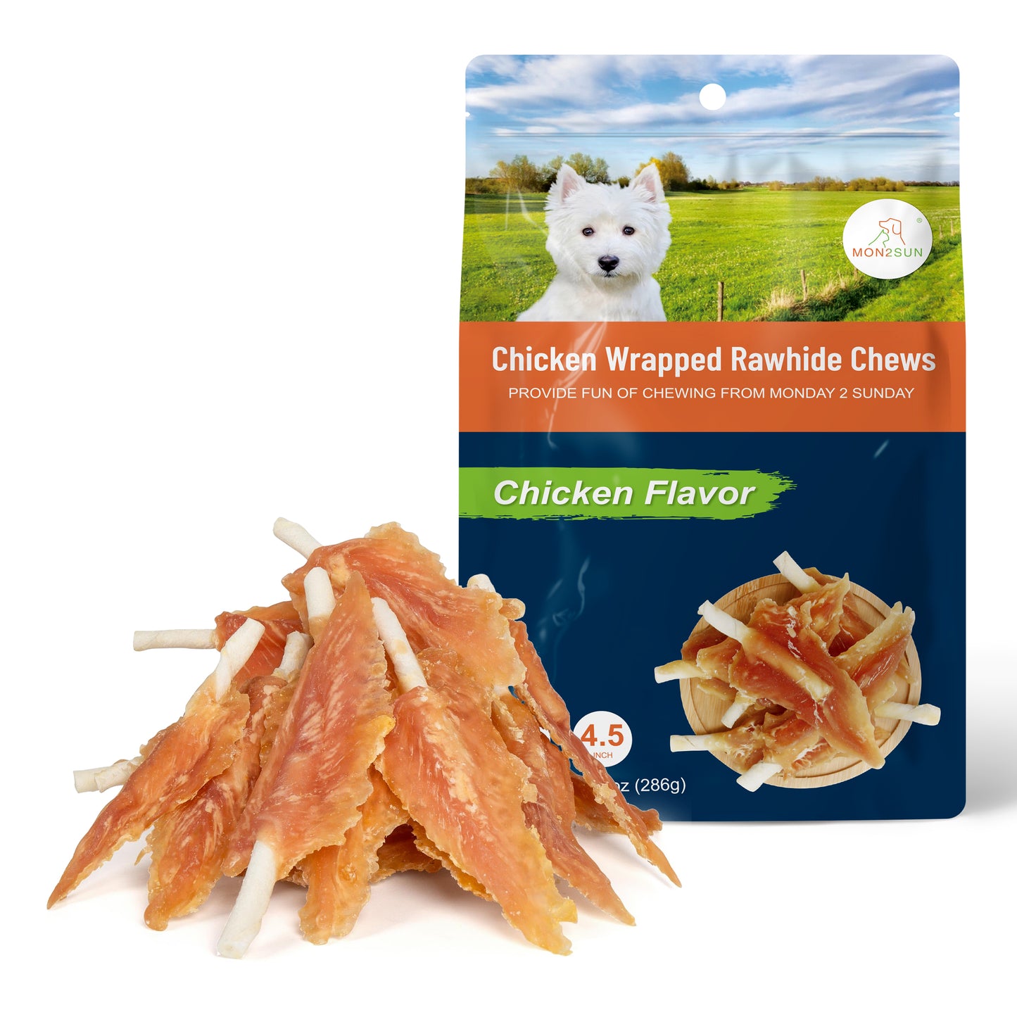 Dog Rawhide Twist 4-4.5 Inch Chicken Wrapped Rawhide Sticks for Puppy and Small Dogs, Promotes Dental Health Treats - MON2SUN