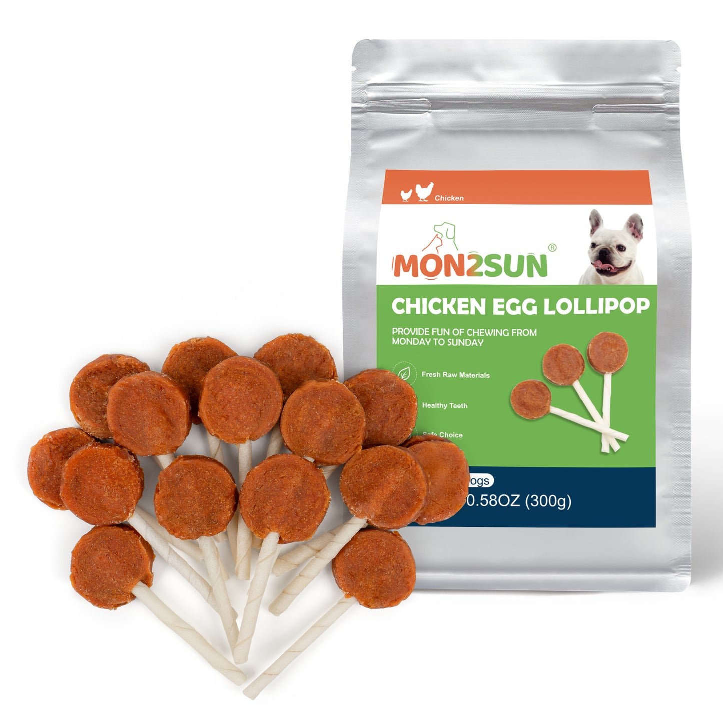Lollipop Dog Treats, 4.5 Inch Chicken and Egg with Rawhide Twist Sticks, Healthy and Teeth Cleaning Snacks for Small Dogs - MON2SUN