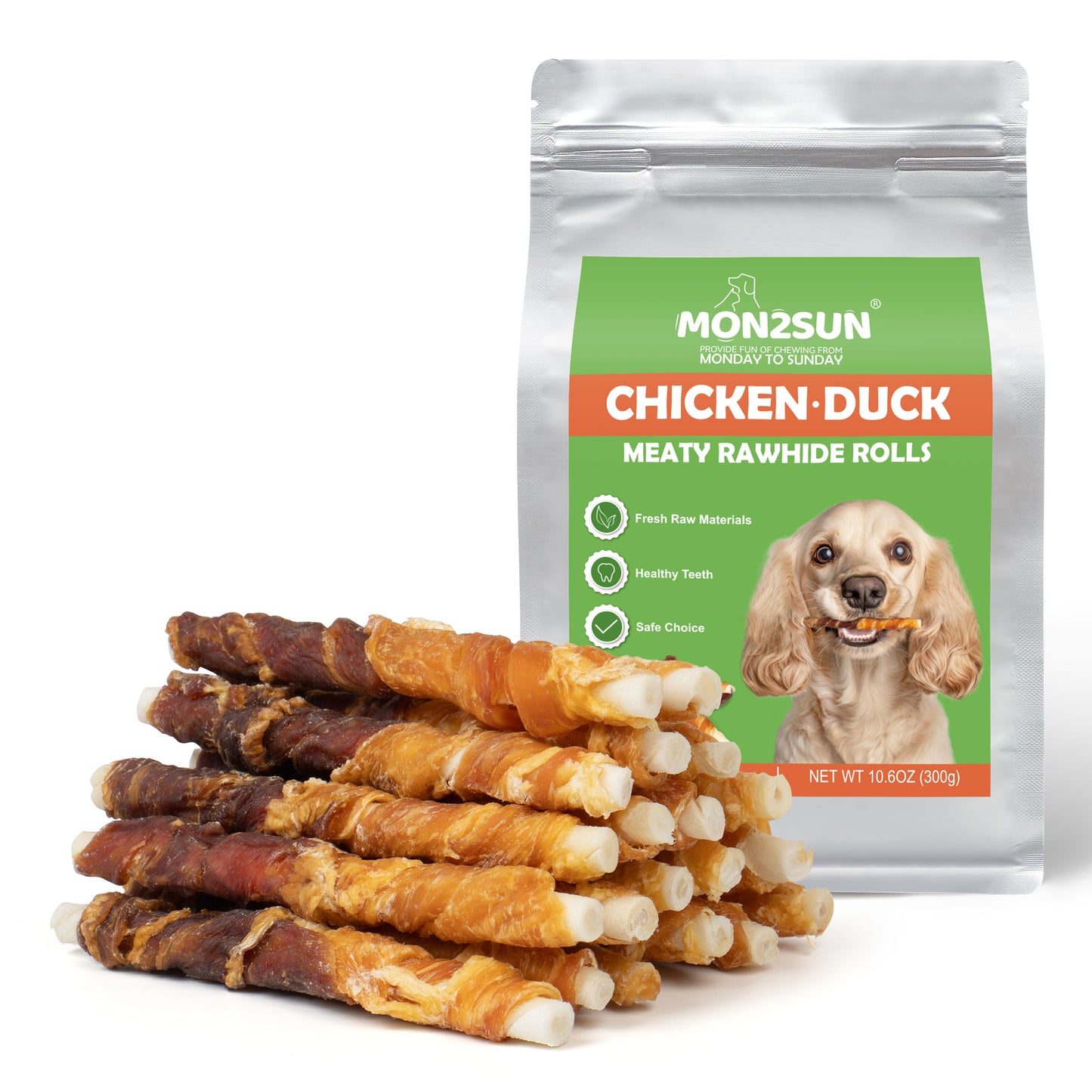 MON2SUN Dog Treats 5 Inch Double Flavor Chicken & Duck Wrapped Rawhide Sticks, Teeth Cleaning for Small Dogs - MON2SUN