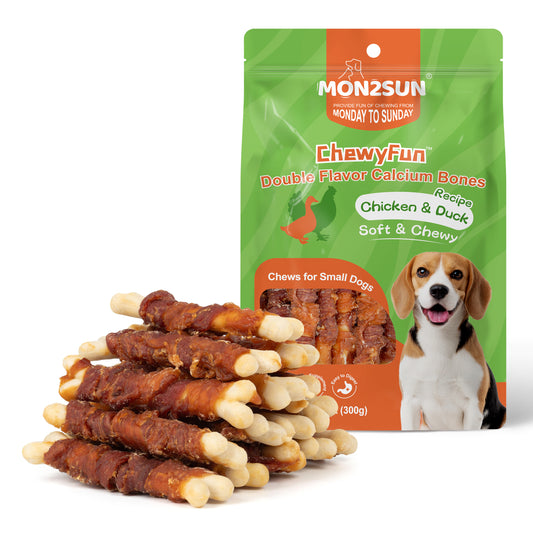 Double Flavor Dog Treats, 4 Inch Chicken and Duck Wrapped Calcium Bones, Rawhide Free Chews for Small Dogs, Teeth Cleaning Bones - MON2SUN