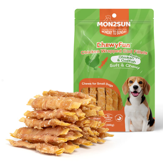 Rawhide Free Dog Treats, 4 Inch Chicken Wrapped Cod Fillet Dog Snacks for Small Dogs, Soft and Training Treats - MON2SUN