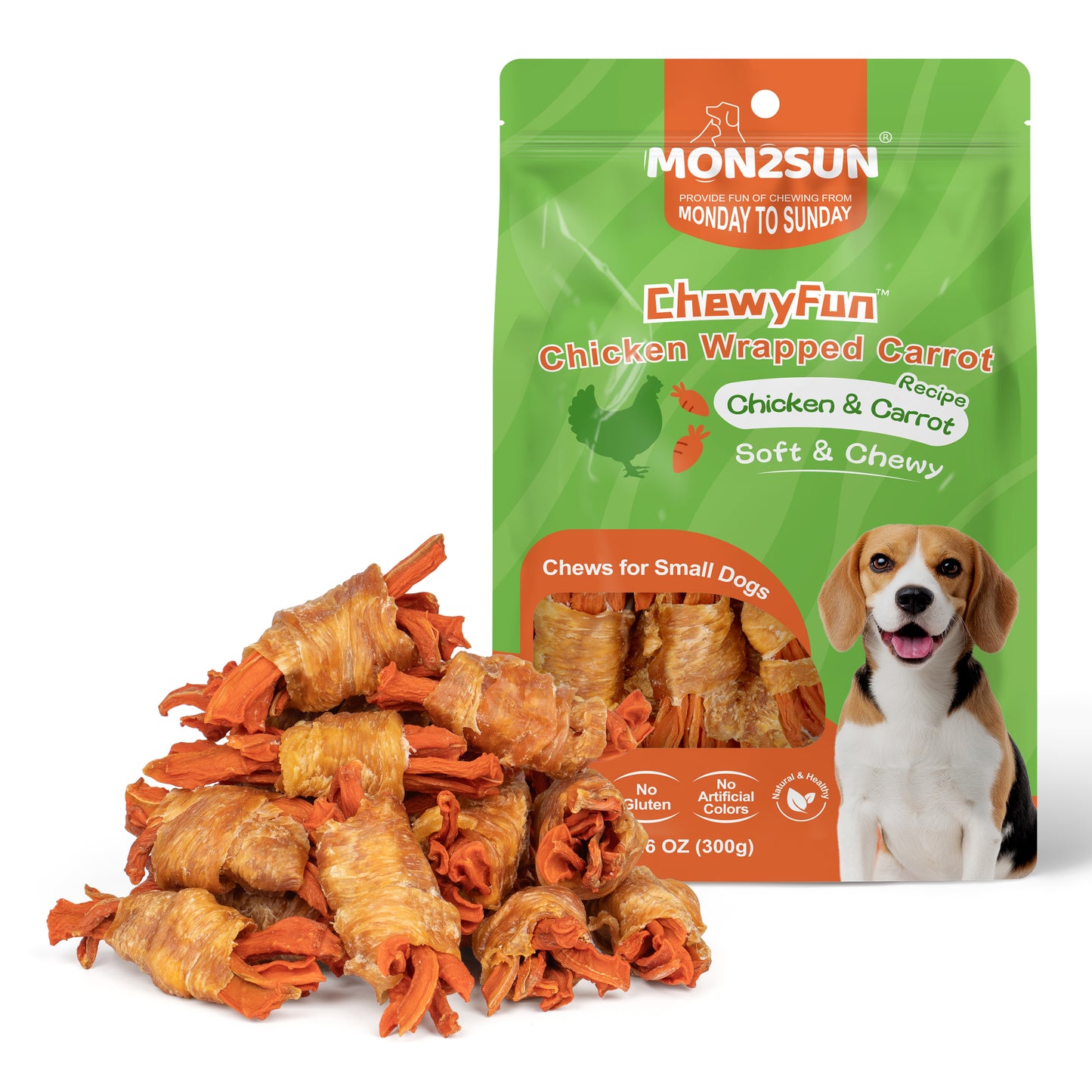 Rawhide Free Dog Treats, Chicken Wrapped Carrot Snacks, Healthy and Natural Chews for Small Dogs - MON2SUN