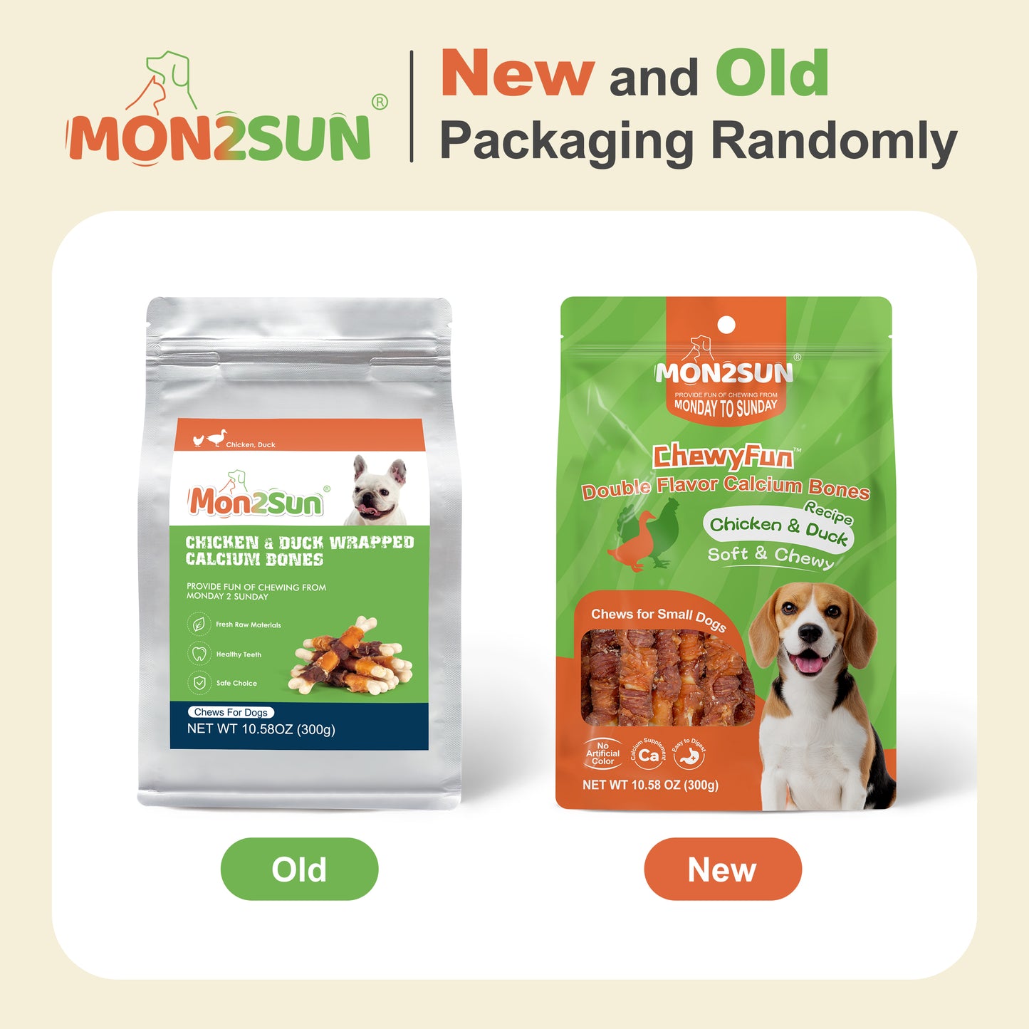 Double Flavor Dog Treats, 4 Inch Chicken and Duck Wrapped Calcium Bones, Rawhide Free Chews for Small Dogs, Teeth Cleaning Bones - MON2SUN