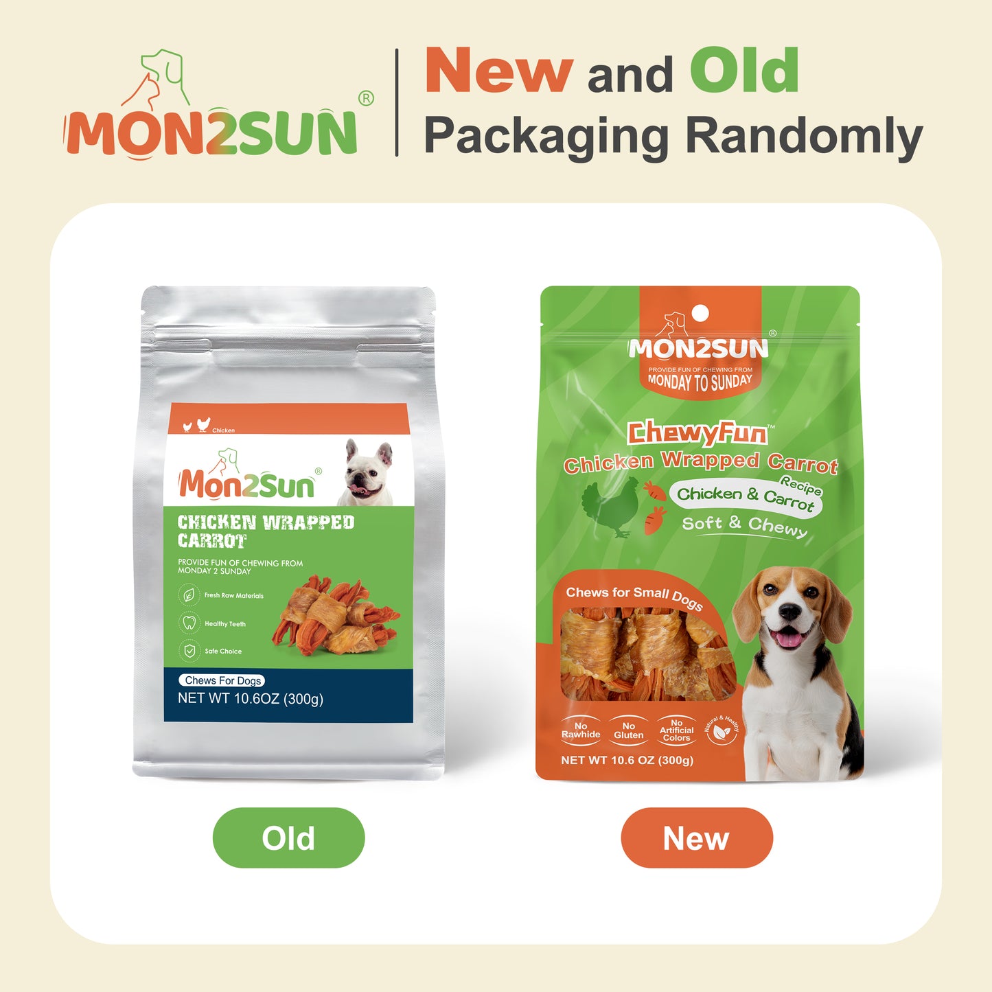 Rawhide Free Dog Treats, Chicken Wrapped Carrot Snacks, Healthy and Natural Chews for Small Dogs - MON2SUN