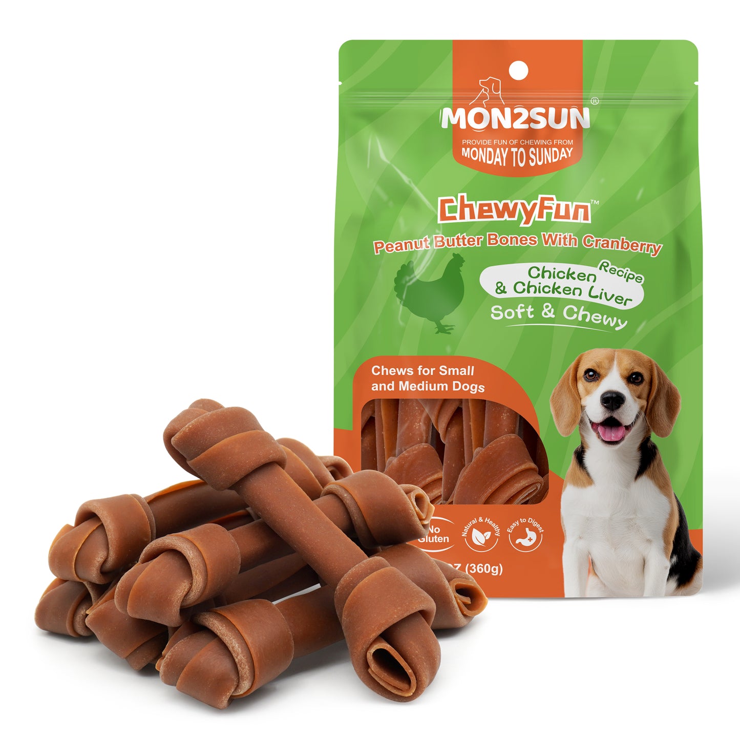 Rawhide Free Dog Treats, Peanut Butter Bones, 5 Inch 12 Count Chews for Small and Medium Dogs, Healthy Bones for Balanced Nutrition - MON2SUN