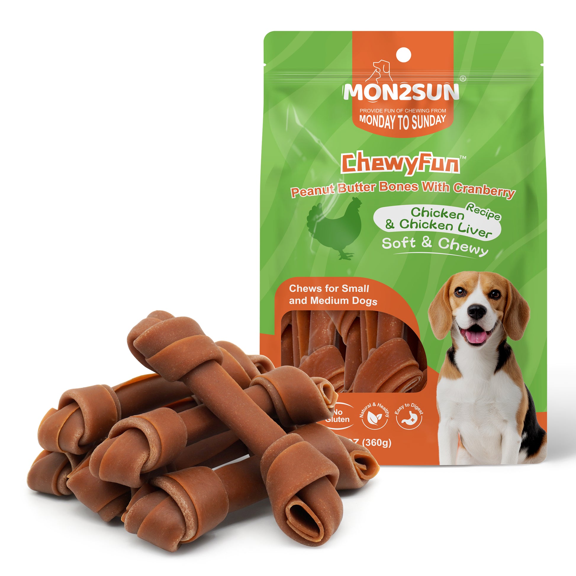 Rawhide Free Dog Treats, Peanut Butter Bones, 5 Inch 12 Count Chews for Small and Medium Dogs, Healthy Bones for Balanced Nutrition - MON2SUN
