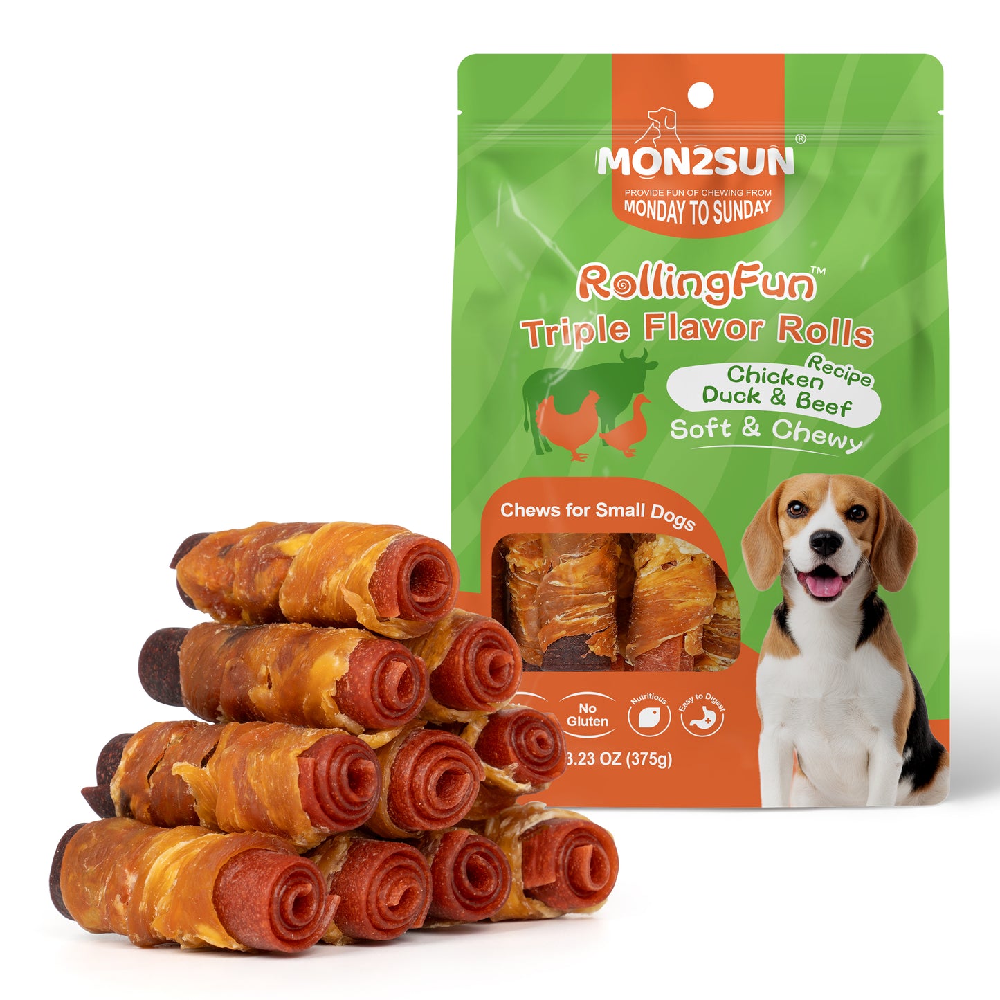 Rawhide Free Dog Treats, 3 Inch Triple Flavor Chicken Wrapped Duck and Beef Rolls for Small Dogs - MON2SUN
