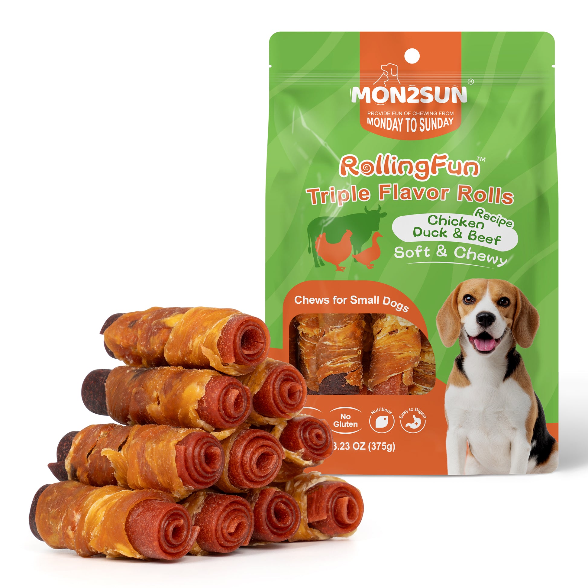 Rawhide Free Dog Treats, 3 Inch Triple Flavor Chicken Wrapped Duck and Beef Rolls for Small Dogs - MON2SUN