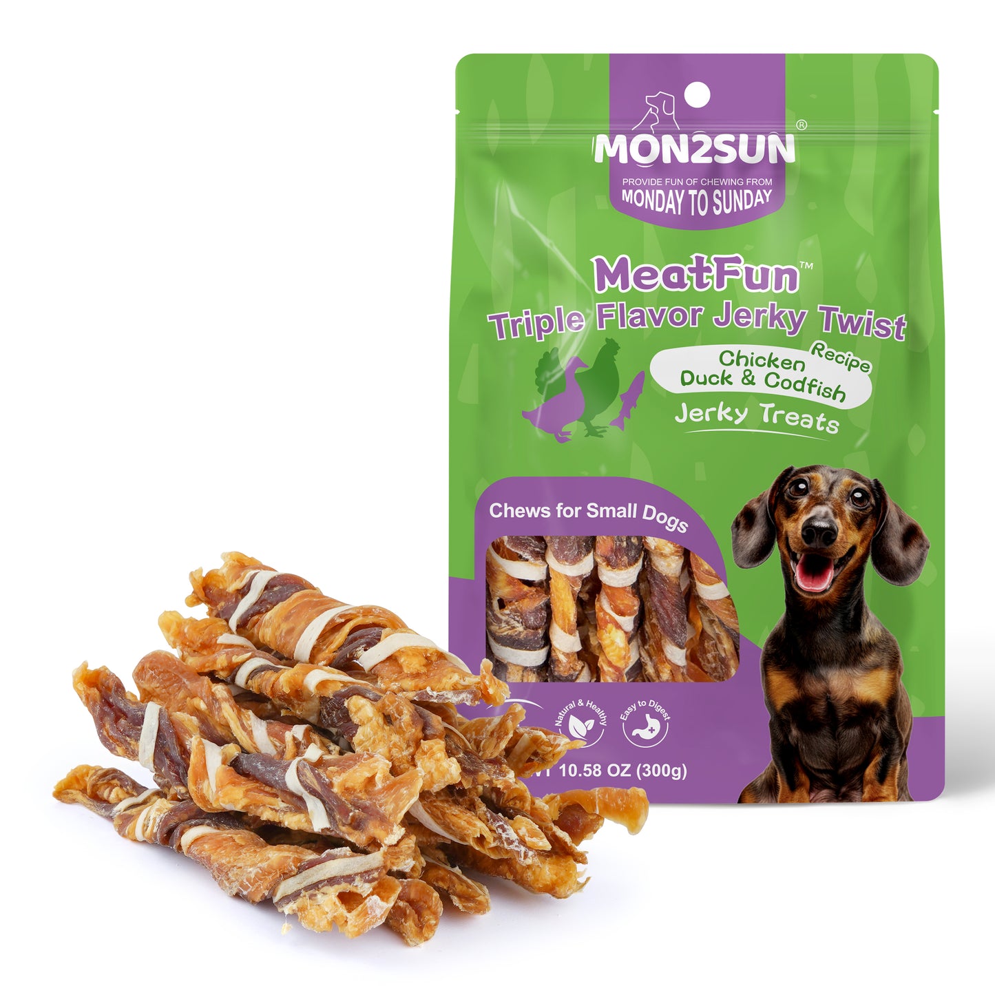 Dog Treats, Triple Flavor Jerky Twist Sticks, 4.5-5 Inch Chicken Duck and Codfish Sticks Chews for Small Dogs, Healthy Snacks - MON2SUN
