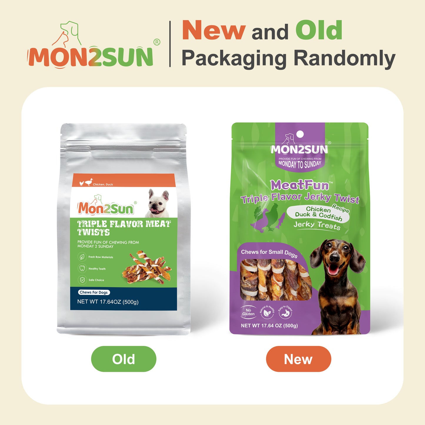 Dog Treats, Triple Flavor Jerky Twist Sticks, 4.5-5 Inch Chicken Duck and Codfish Sticks Chews for Small Dogs, Healthy Snacks - MON2SUN