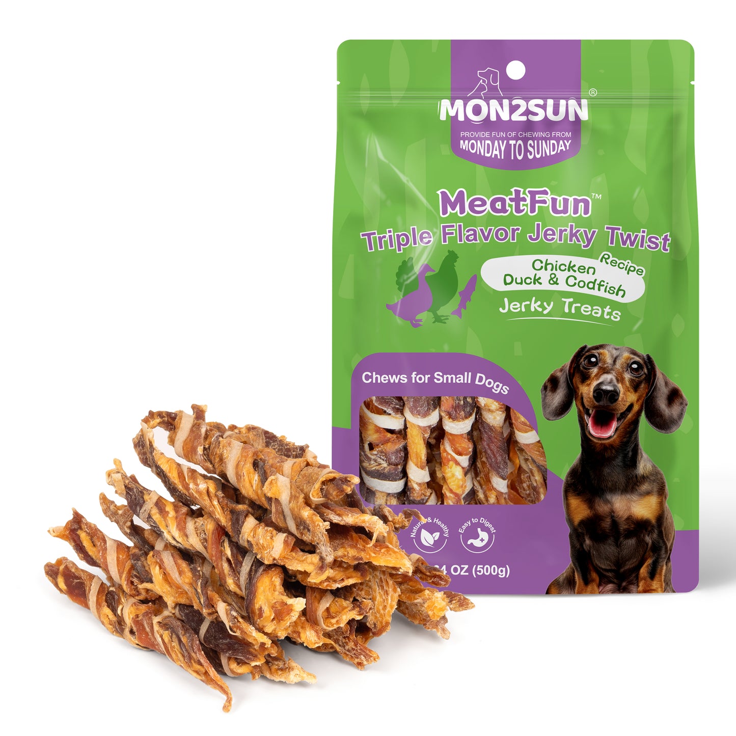 Dog Treats, Triple Flavor Jerky Twist Sticks, 4.5-5 Inch Chicken Duck and Codfish Sticks Chews for Small Dogs, Healthy Snacks - MON2SUN