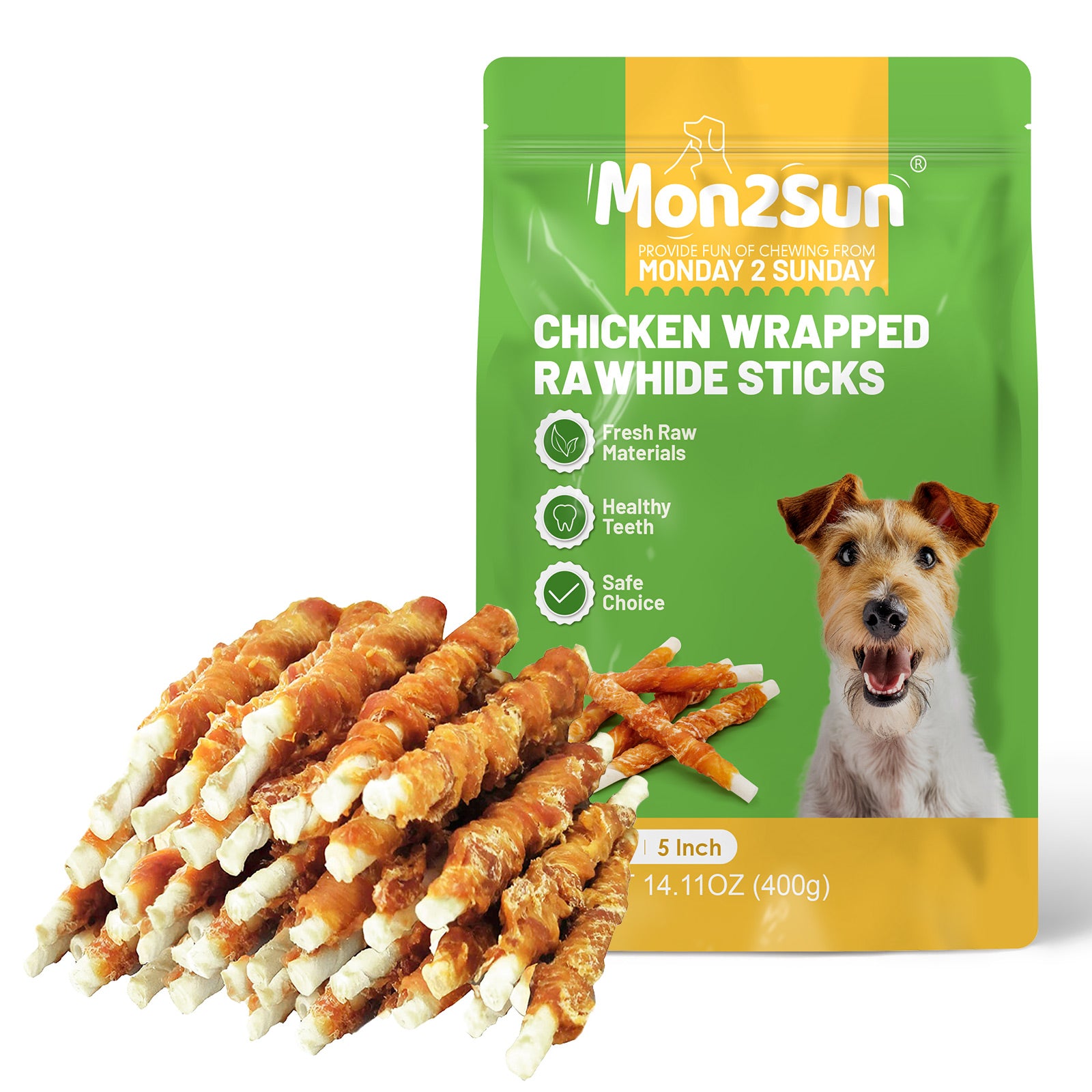 MON2SUN Dog Treats, 5 Inch Rawhide Twist Chicken Hide Sticks, Suitable for Puppy and Small Dogs, 5 Inch - MON2SUN