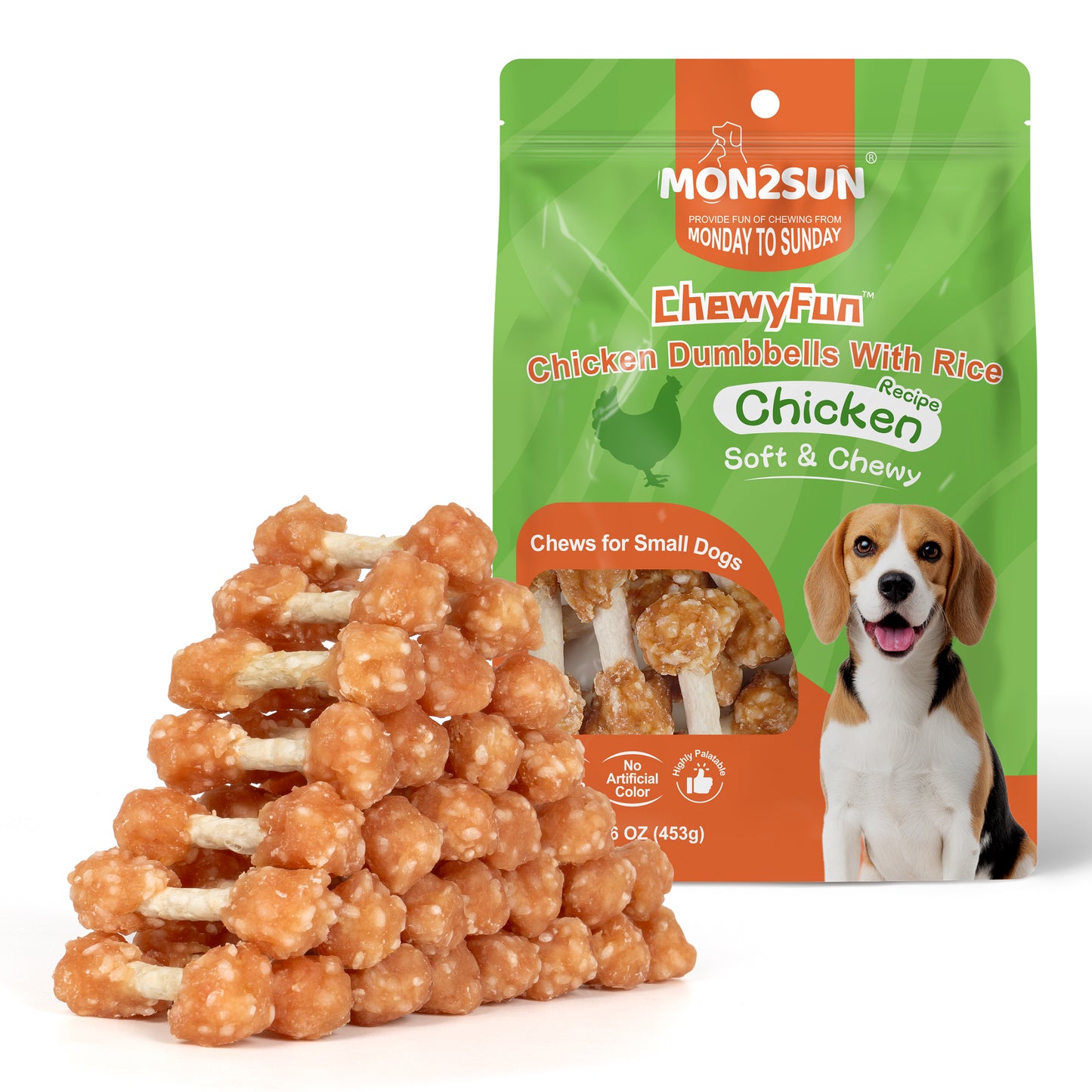 Dog Treats, 16oz Mini Rawhide Chews, Chicken Dumbbells with Rice for Small Dogs & Toy Breed, Crunchy and Healthy - MON2SUN