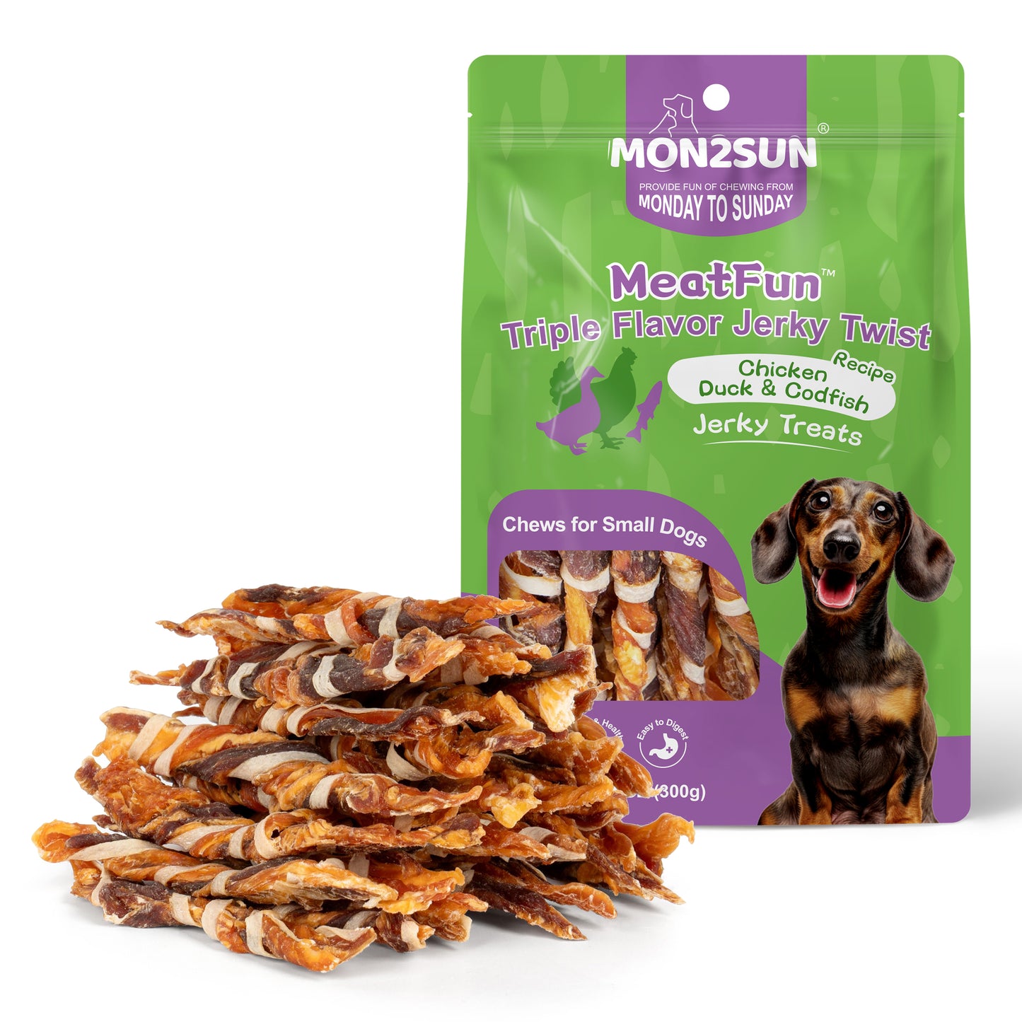 Dog Treats, Triple Flavor Jerky Twist Sticks, 5-7 Inch Chicken Duck and Codfish Sticks Chews for Small Dogs, Healthy Snacks - MON2SUN