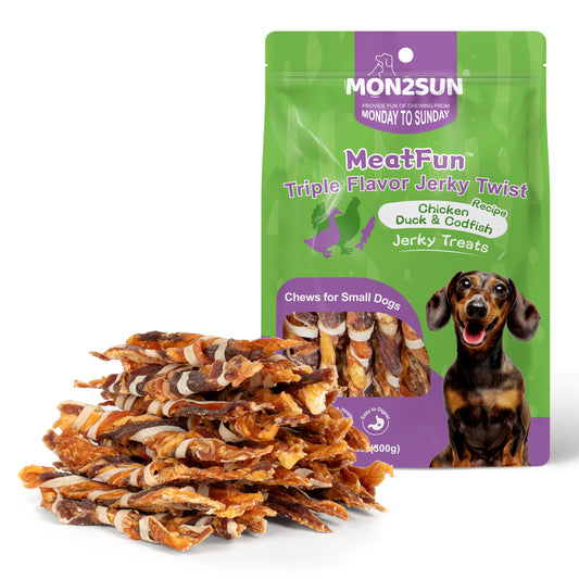 Dog Treats, Triple Flavor Jerky Twist Sticks, 5-7 Inch Chicken Duck and Codfish Sticks Chews for Small Dogs, Healthy Snacks - MON2SUN