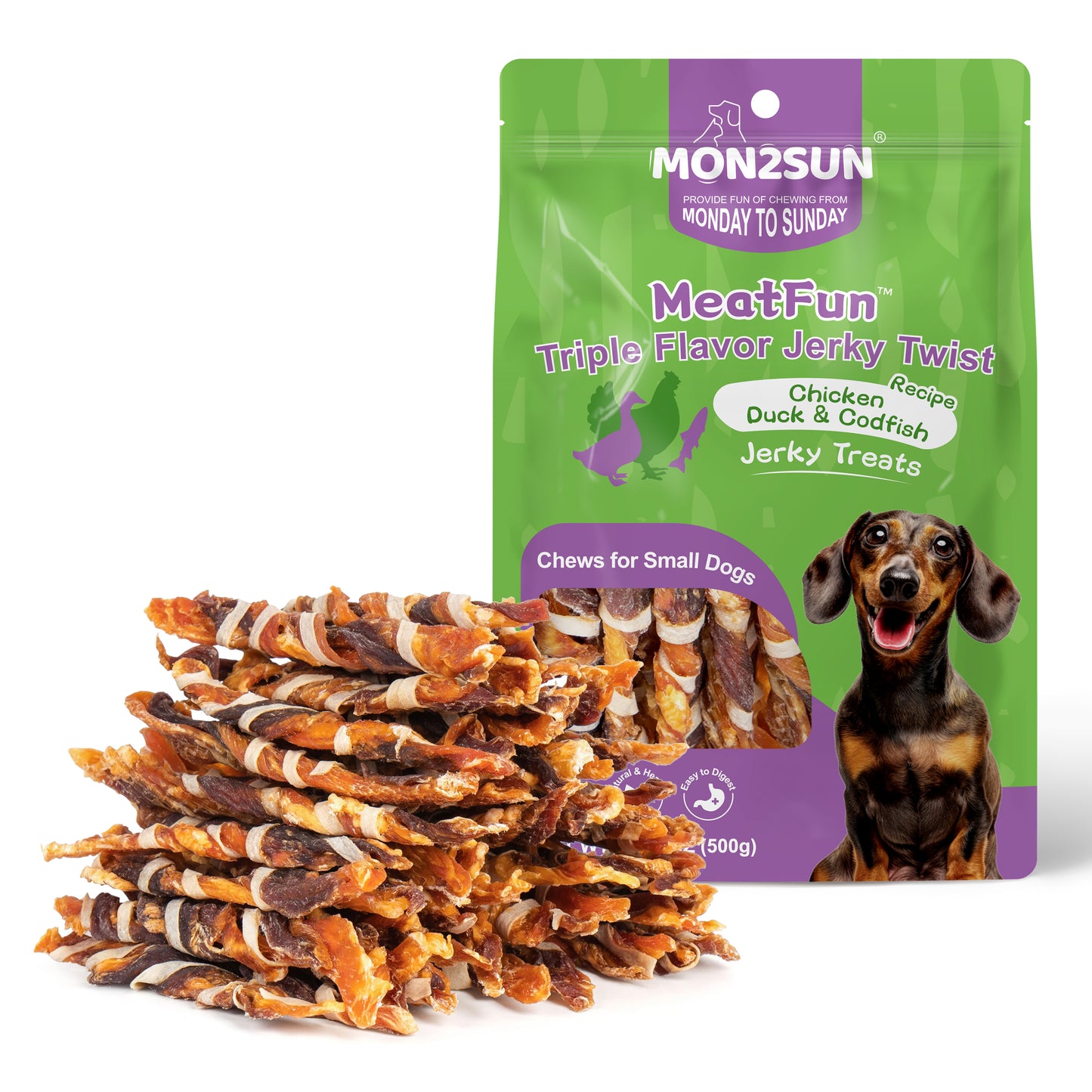 Dog Treats, Triple Flavor Jerky Twist Sticks, 5-7 Inch Chicken Duck and Codfish Sticks Chews for Small Dogs, Healthy Snacks - MON2SUN