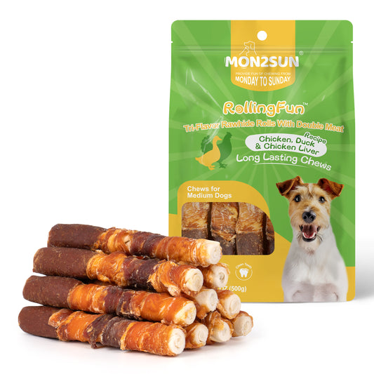 Dog Treats, Triple Flavor 6 Inch Chicken Liver Duck and Chicken Wrapped Rawhide Sticks, Teeth Cleaning Snacks for Medium Dogs - MON2SUN