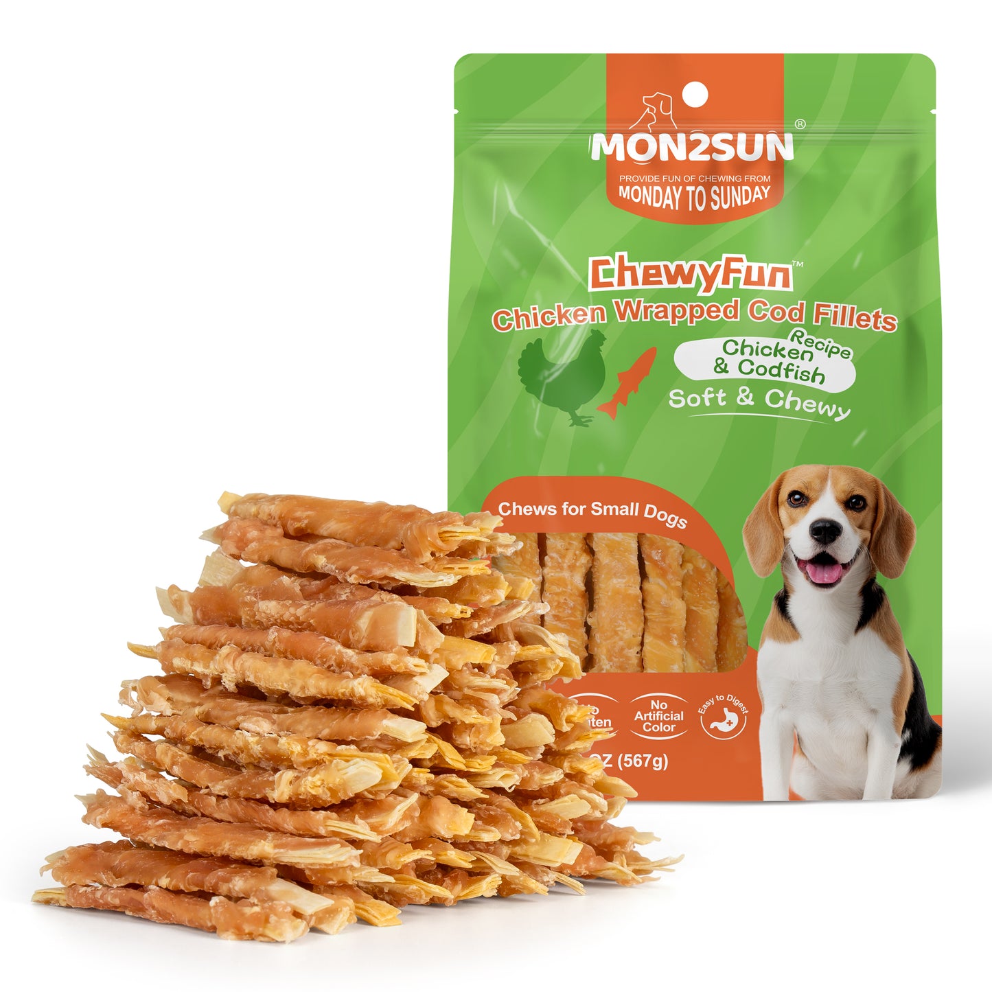 Rawhide Free Dog Treats, 4 Inch Chicken Wrapped Cod Fillet Dog Snacks for Small Dogs, Soft and Training Treats - MON2SUN