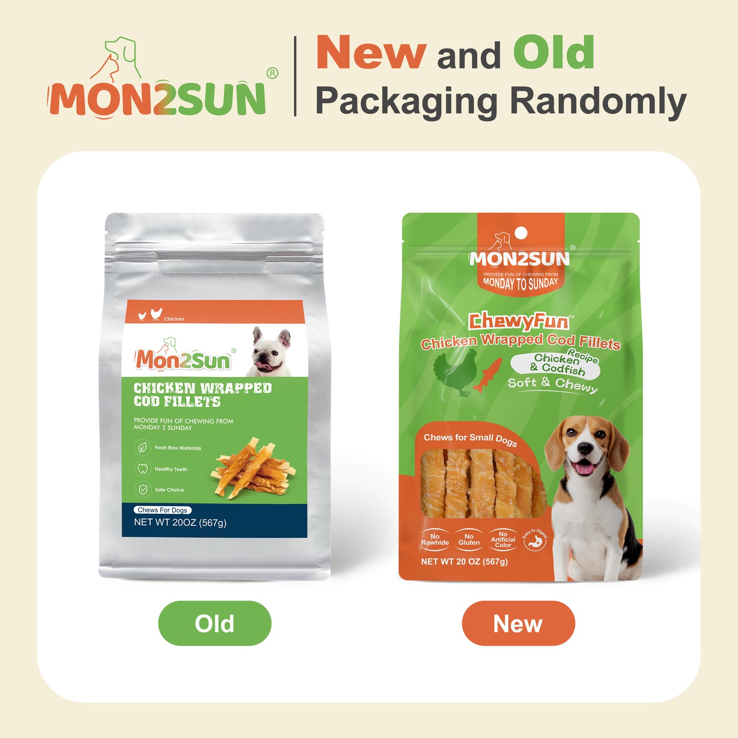 Rawhide Free Dog Treats, 4 Inch Chicken Wrapped Cod Fillet Dog Snacks for Small Dogs, Soft and Training Treats - MON2SUN