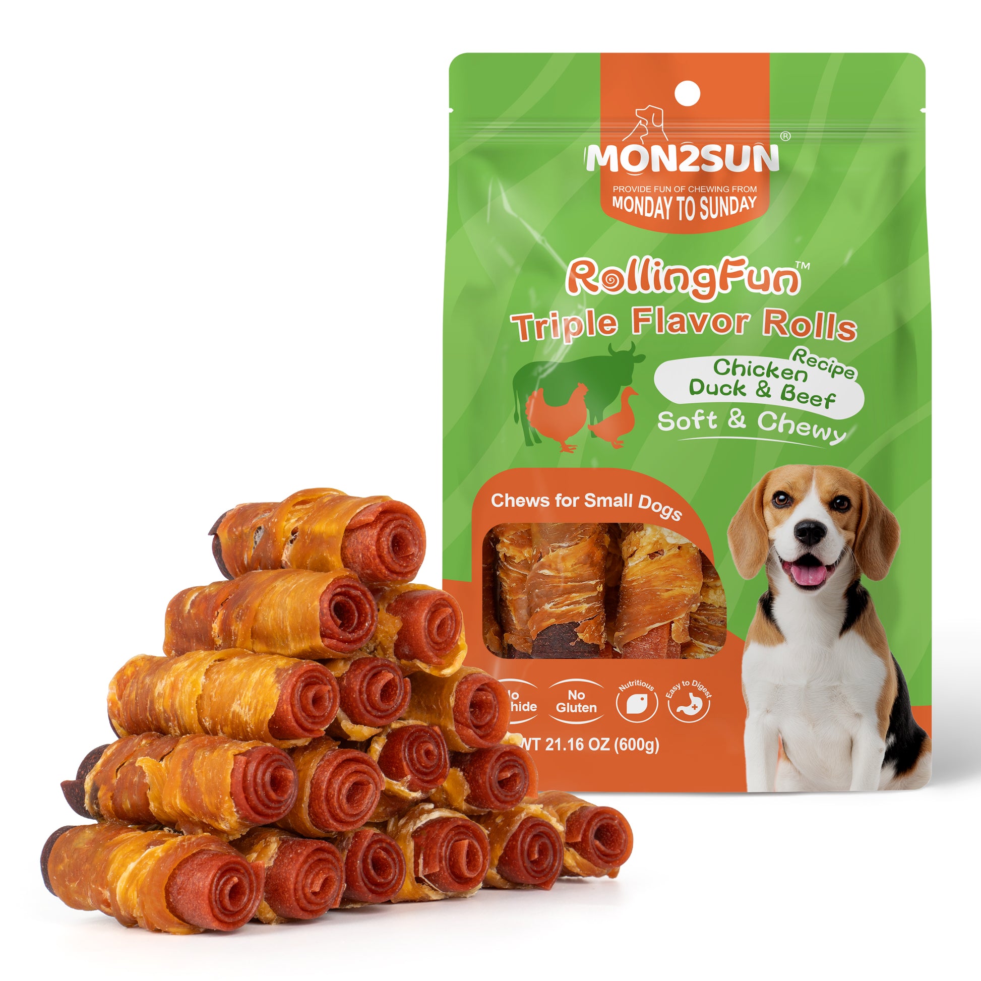 Rawhide Free Dog Treats, 3 Inch Triple Flavor Chicken Wrapped Duck and Beef Rolls for Small Dogs - MON2SUN