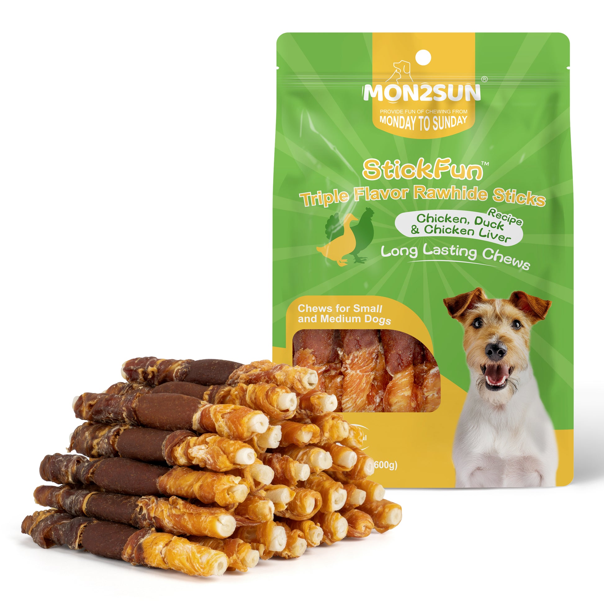 Dog Treats, Triple Flavor 5 Inch Chicken Liver Duck and Chicken Wrapped Rawhide Snacks for Small and Medium Dogs - MON2SUN