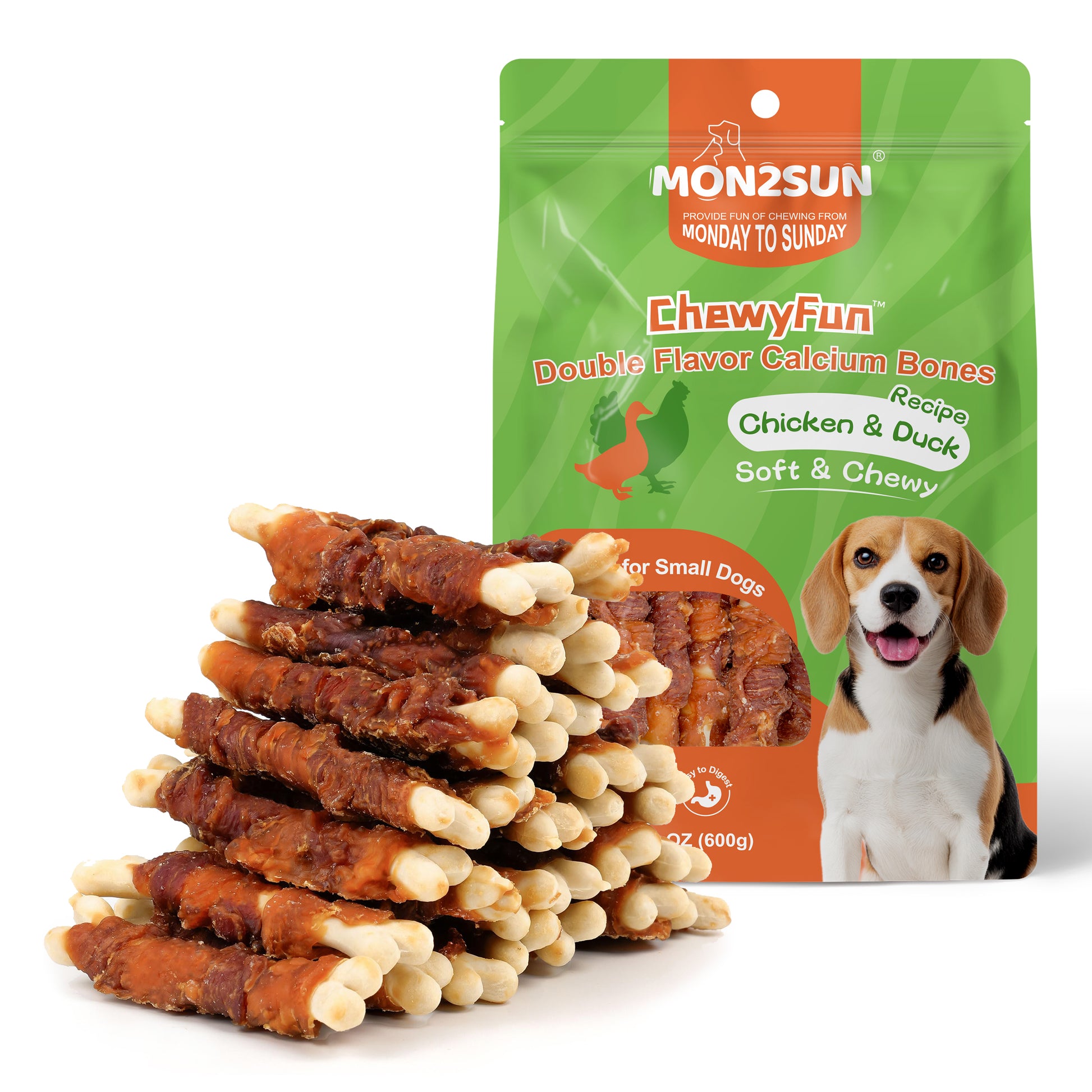Double Flavor Dog Treats, 4 Inch Chicken and Duck Wrapped Calcium Bones, Rawhide Free Chews for Small Dogs, Teeth Cleaning Bones - MON2SUN