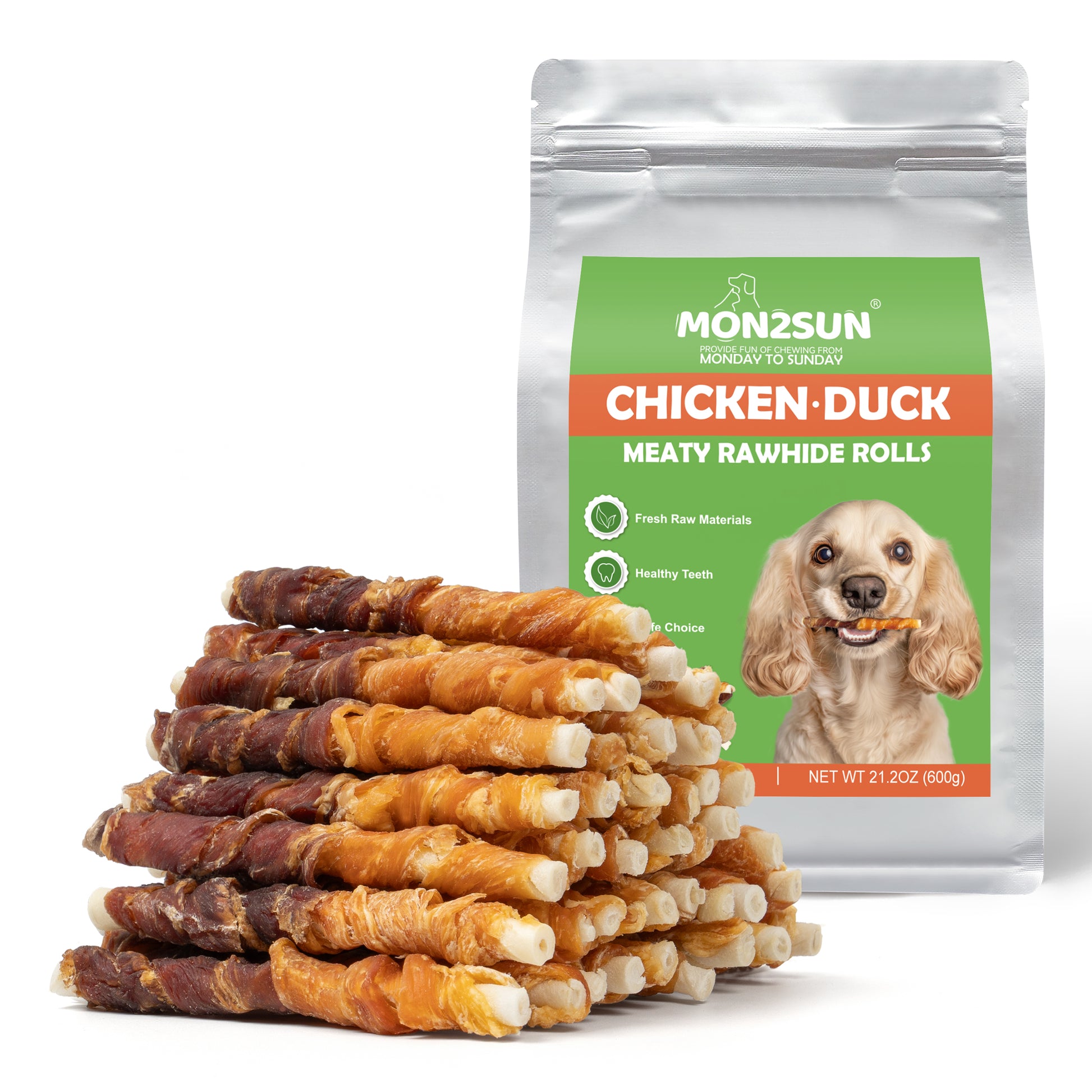 MON2SUN Dog Treats 5 Inch Double Flavor Chicken & Duck Wrapped Rawhide Sticks, Teeth Cleaning for Small Dogs - MON2SUN
