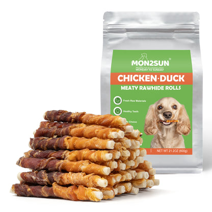 MON2SUN Dog Treats 5 Inch Double Flavor Chicken & Duck Wrapped Rawhide Sticks, Teeth Cleaning for Small Dogs - MON2SUN