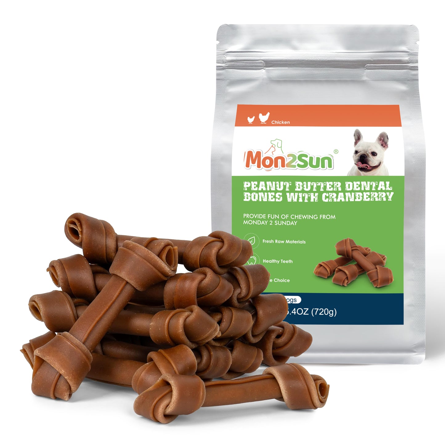 Rawhide Free Dog Treats, Peanut Butter Bones, 5 Inch 12 Count Chews for Small and Medium Dogs, Healthy Bones for Balanced Nutrition - MON2SUN