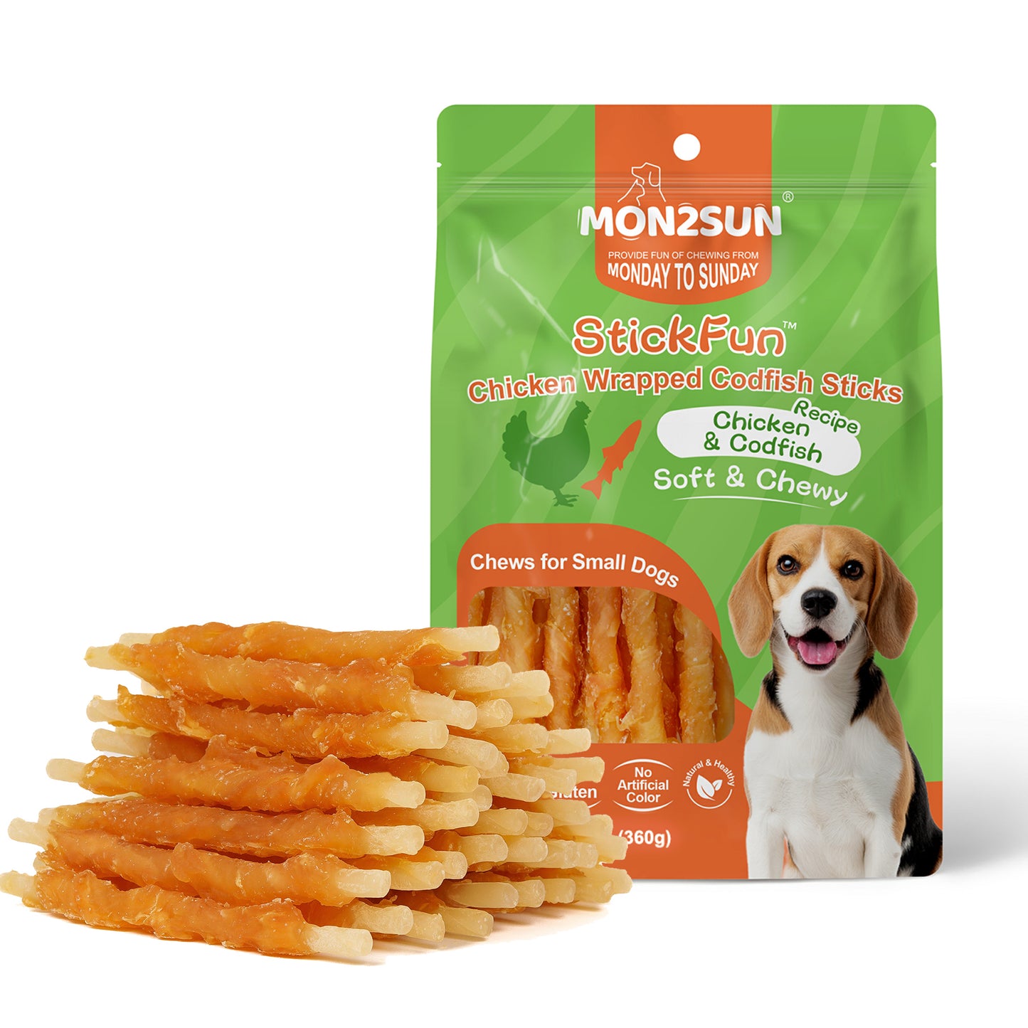 MON2SUN Chicken Wrapped Cod Sticks Rawhide Free Small Dog Treats, 13 oz (36 Count) - MON2SUN