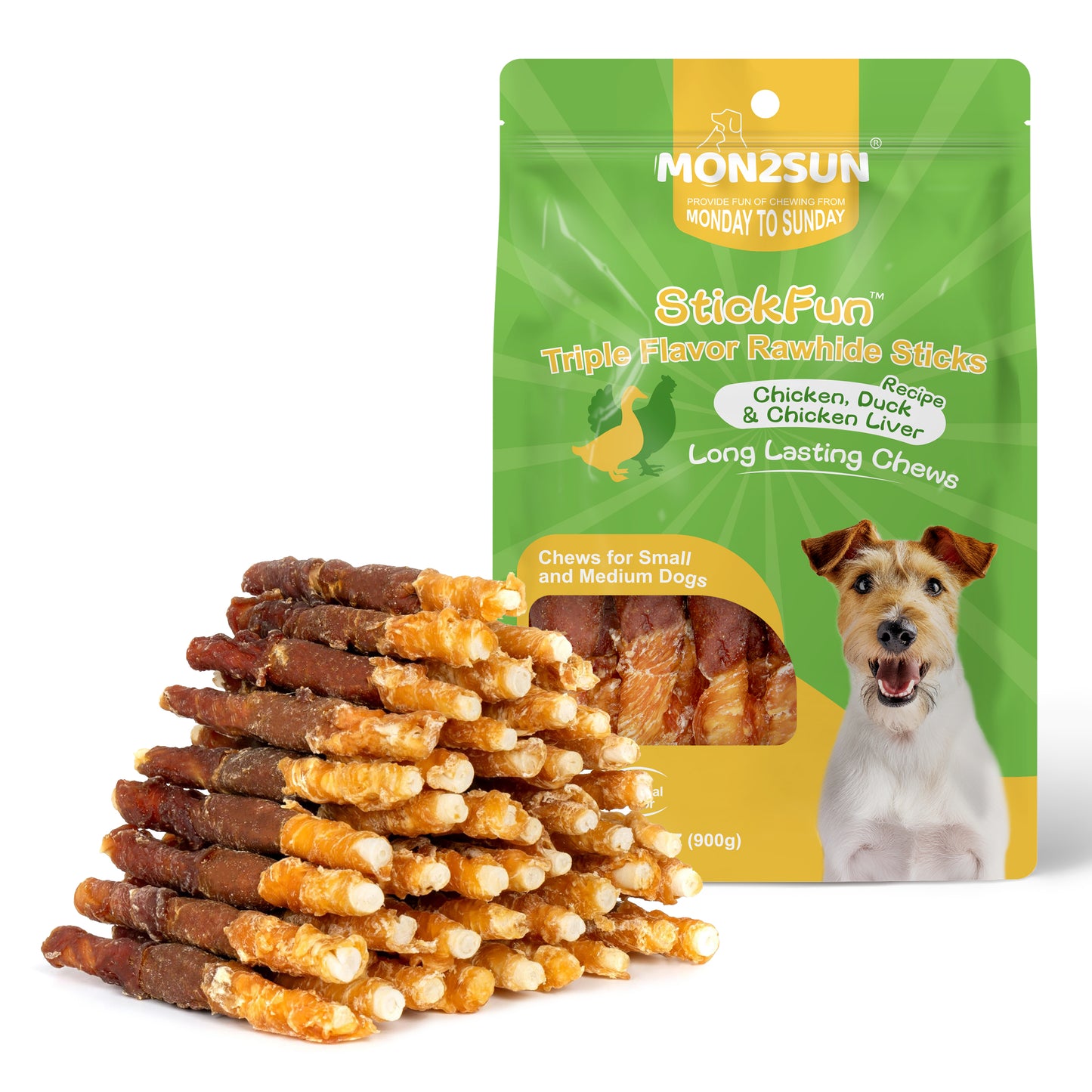 Dog Treats, Triple Flavor 5 Inch Chicken Liver Duck and Chicken Wrapped Rawhide Snacks for Small and Medium Dogs - MON2SUN