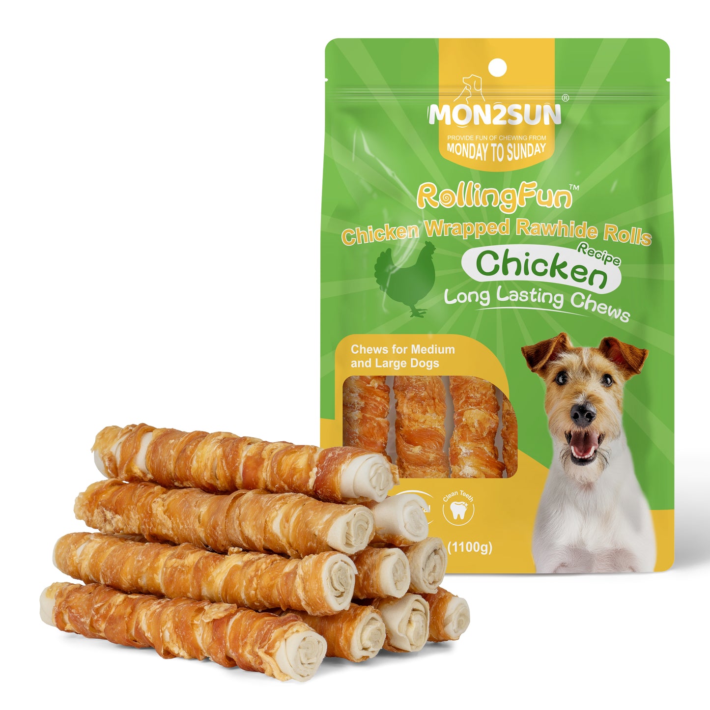Dog Treats, 9 Inch Chicken Wrapped Rawhide Rolls Snacks, Teeth Cleaning and Long Lasting Chews for Medium and Large Dogs - MON2SUN