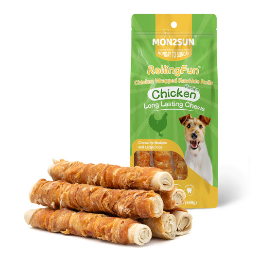 Dog Treats, 9 Inch Chicken Wrapped Rawhide Rolls Snacks, Teeth Cleaning and Long Lasting Chews for Medium and Large Dogs - MON2SUN