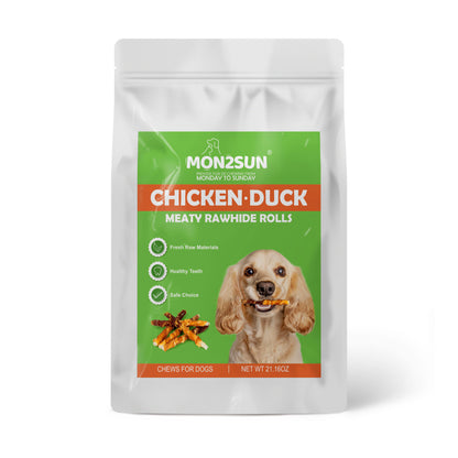 MON2SUN Dog Treats 5 Inch Double Flavor Chicken & Duck Wrapped Rawhide Sticks, Teeth Cleaning for Small Dogs - MON2SUN